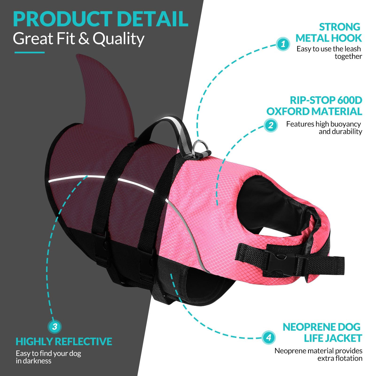 Queenmore Small Dog Life Jacket,Shark Dog Life Vest for Swimming,Puppy Light Life Preserver for Boating kayaking Canoeing,Pet Re