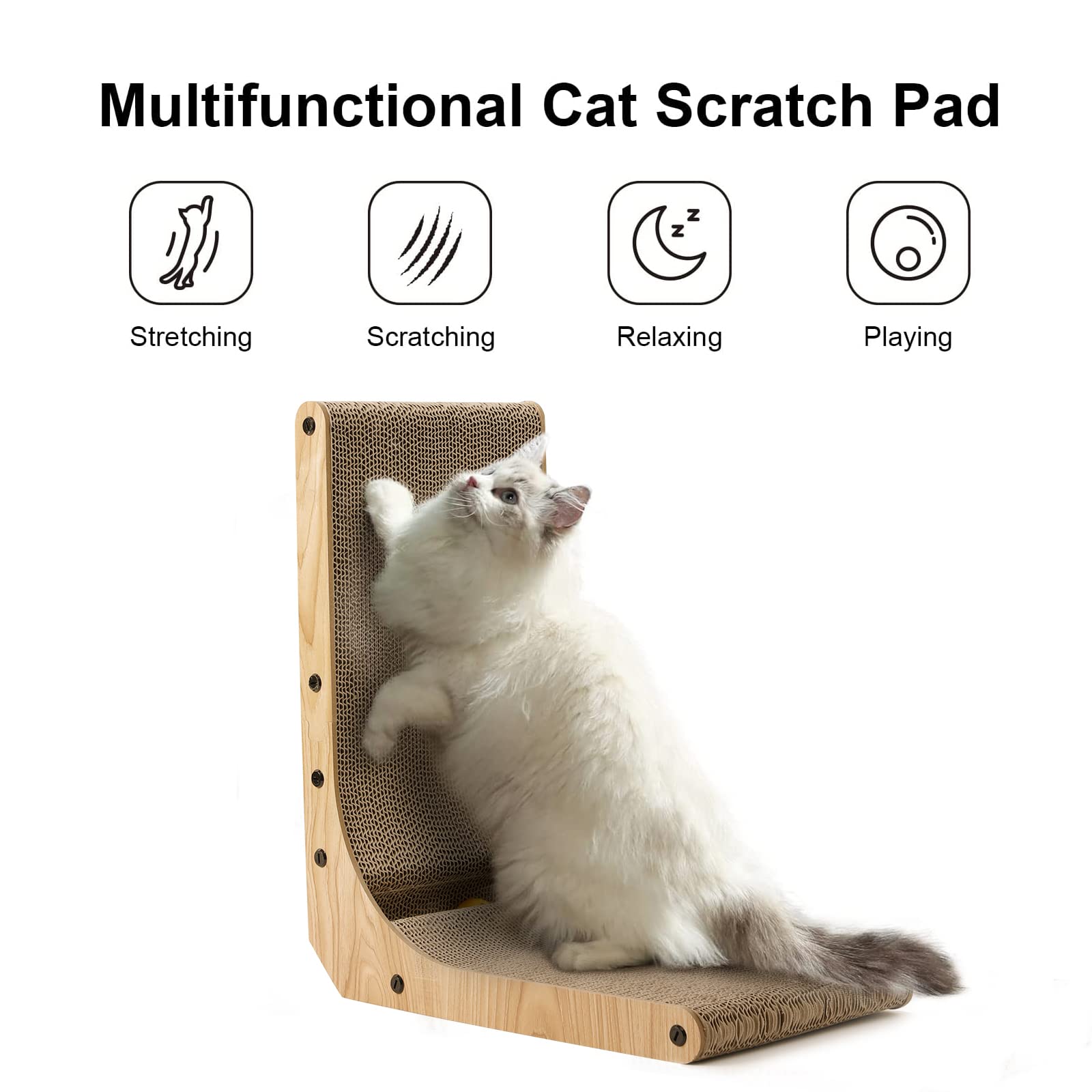 Fukumaru Cat Scratcher, 18.7 Inch L Shape Cat Scratch Pad Wall Mounted, Cat Scratching Cardboard With Ball Toy For Indoor Cats