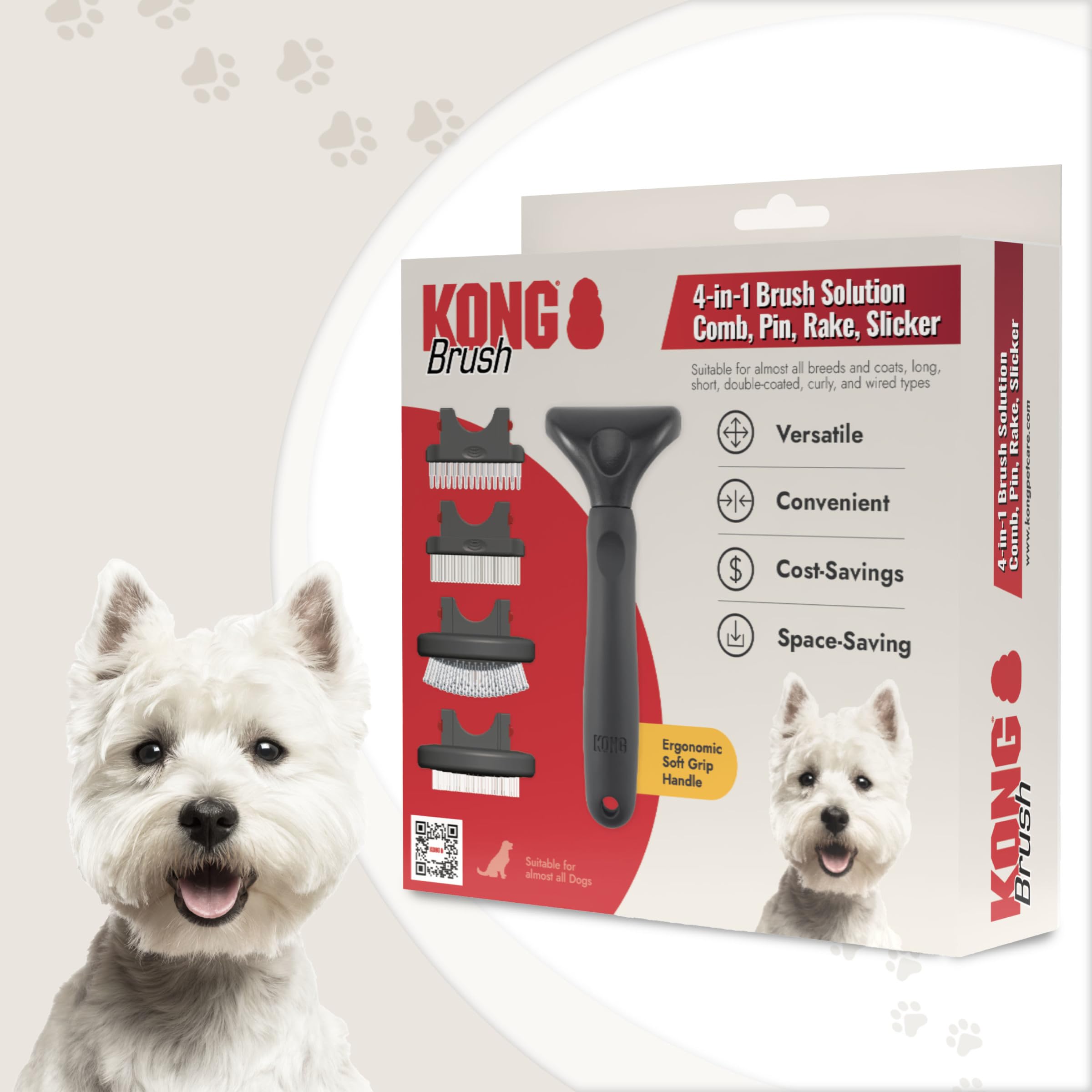 KONG 4-in-1 Interchangeable Dog Grooming Tool - Rake, Slicker, Comb & Pin Brush Heads, Versatile All-in-One Design, Non-Slip Han