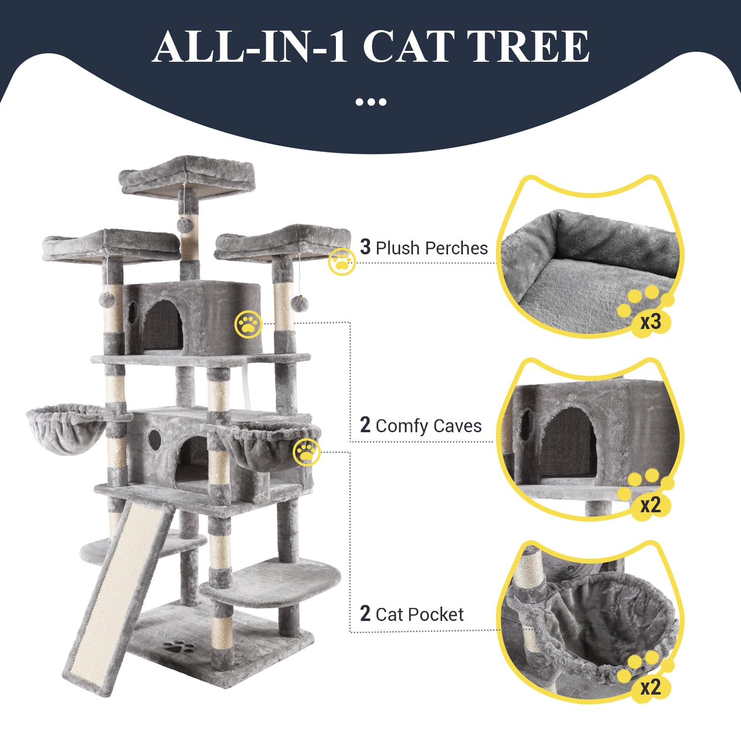 Allewie 68 Inches Cat Tree/House And Towers For Big Feline/Scratching Post/Multi-Level Large Kitty Climbing Tree With Condo/Ligh