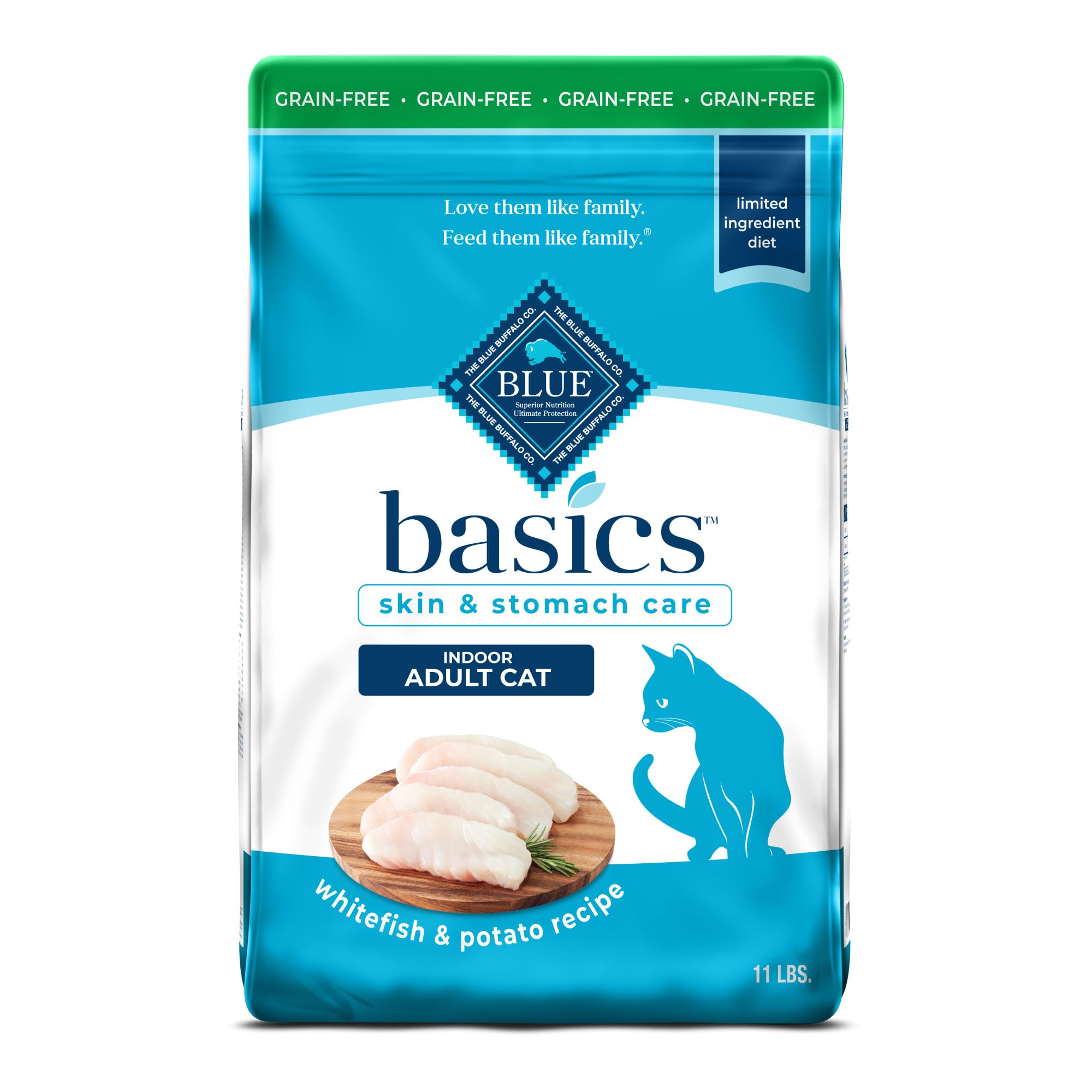 Blue Buffalo Basics Grain-Free Dry Cat Food, Skin & Stomach Care, Limited Ingredient Diet for Indoor Cats, Fish & Potato Recipe,