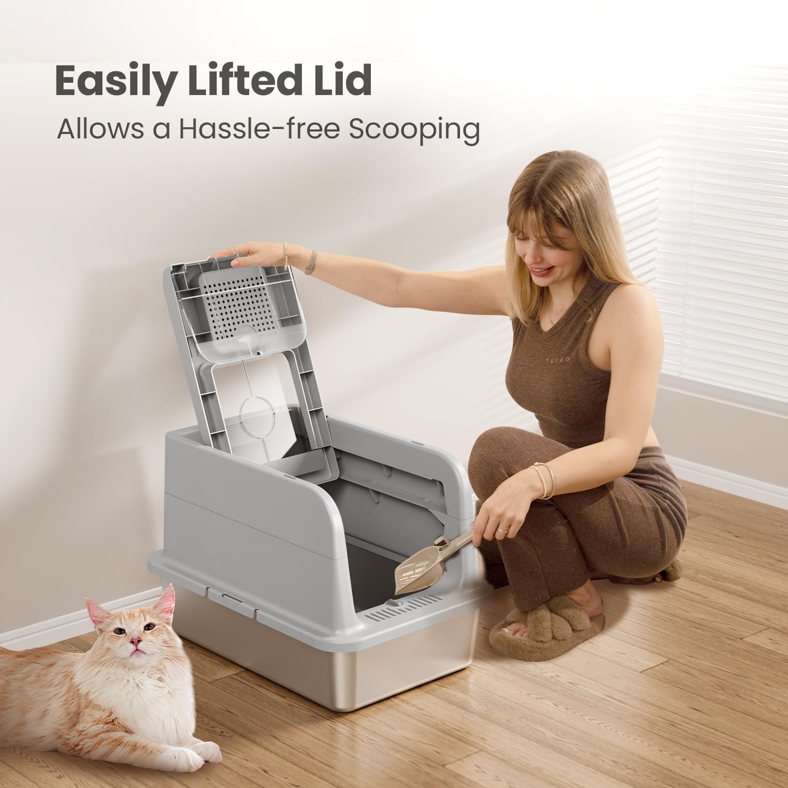 Courpal Stainless Steel Cat Litter Box With Lid - Xl Large Enclosed/Open Litter Box With Anti Leakage Enclosure - Odor Free Hood