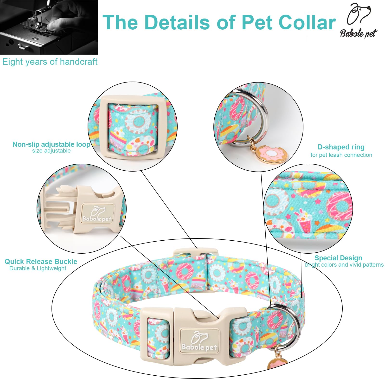 Babole Pet Adjustable Summer Dog Collar, Cute Mint Dessert Dog Collars For Medium Dogs, Lightweight Quick-Release Buckle Collar