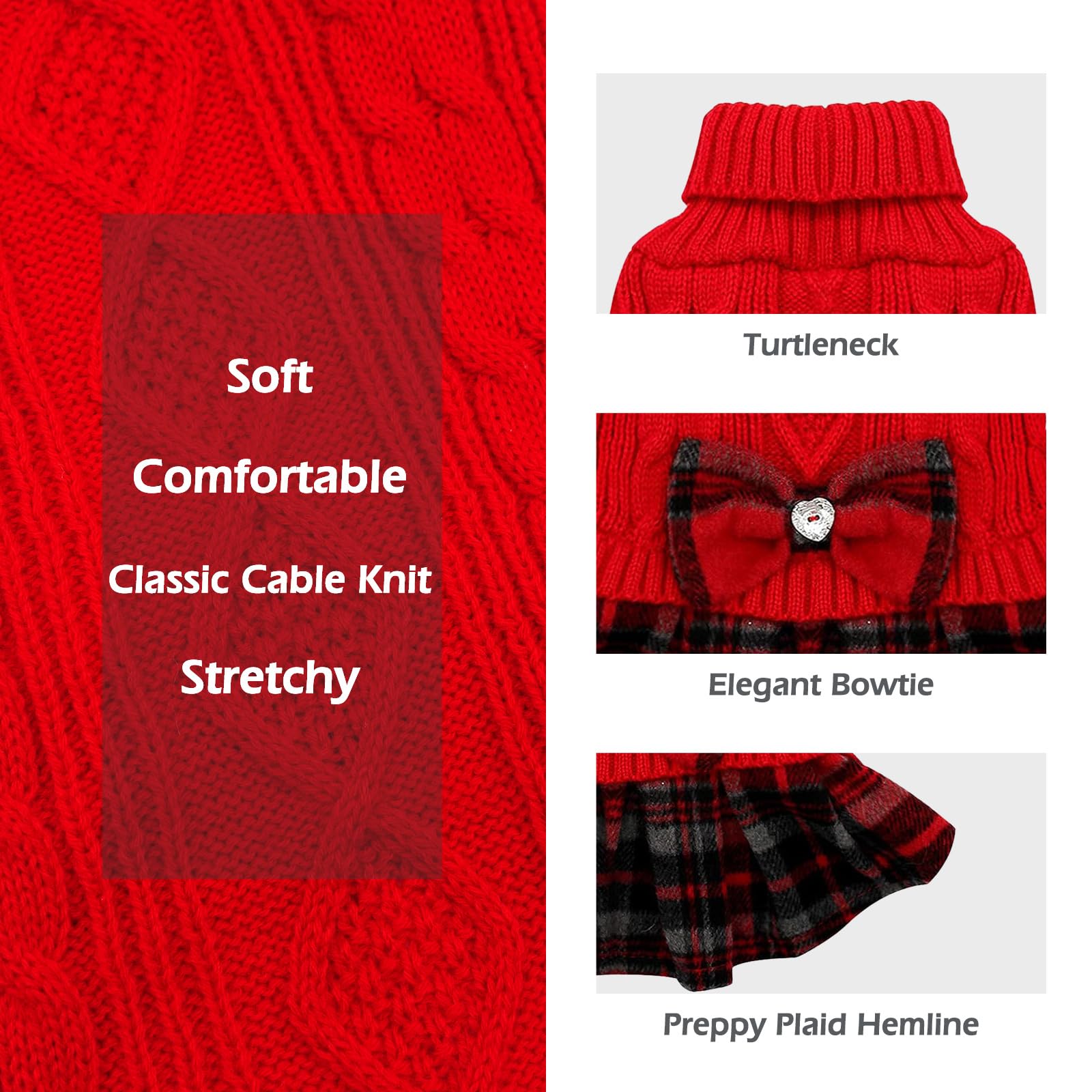 Kyeese Christmas Dog Sweater Dress With Bowtie Checkered Turtleneck Dog Sweaters For Small Dogs Warm Pet Sweater Knitwear Red