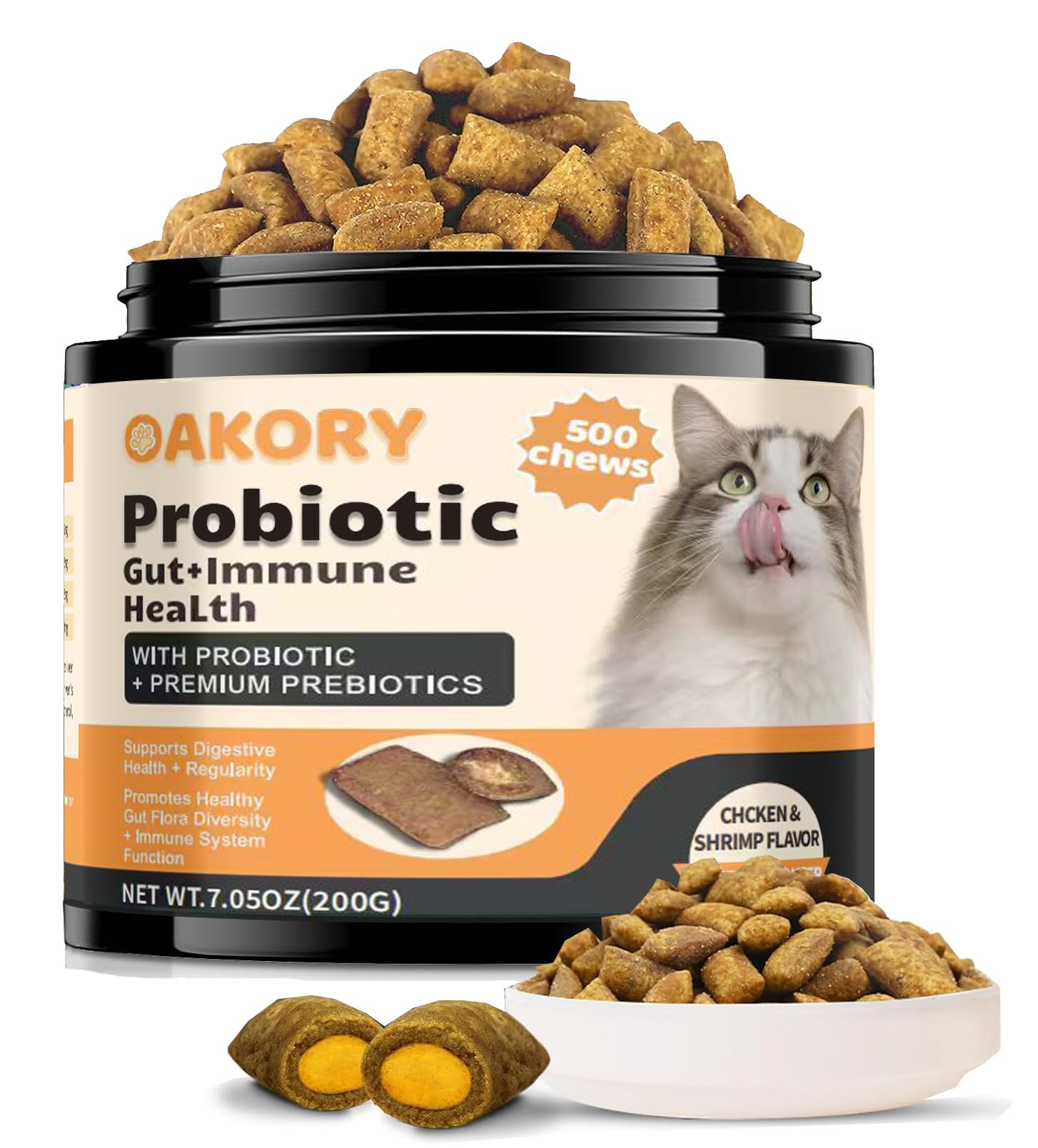 Cat Probiotics Tasty Chews -500 Chews Crunchy & Creamy Texture, with Fish Oil Omega-3 Skin & Coat Health Digestive & Gut Support