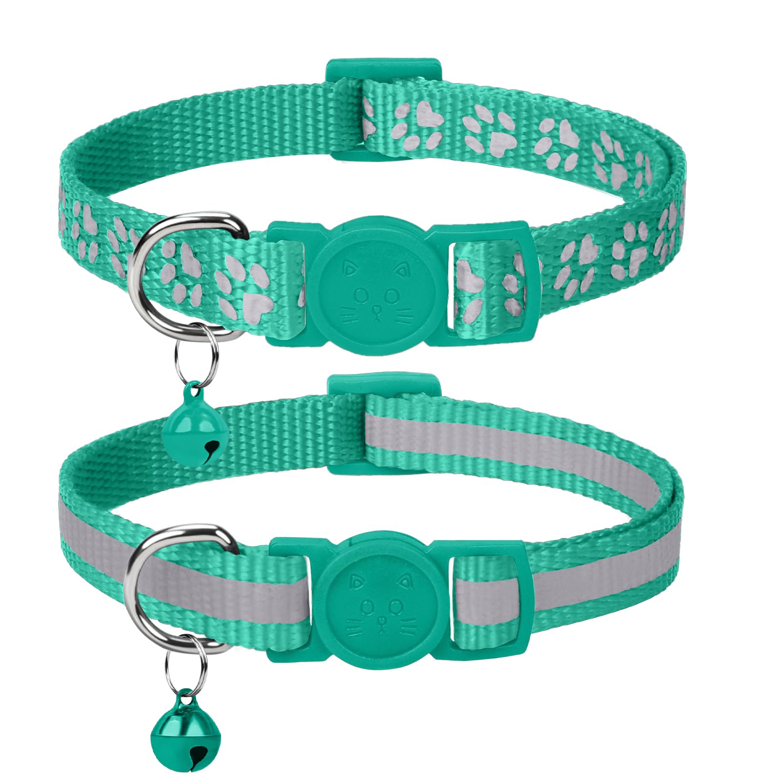 Taglory Reflective Cat Collars Breakaway With Bell, 2 Pack Girl Boy Pet Kitten Collar Adjustable 6-8 Inch, Turquoise