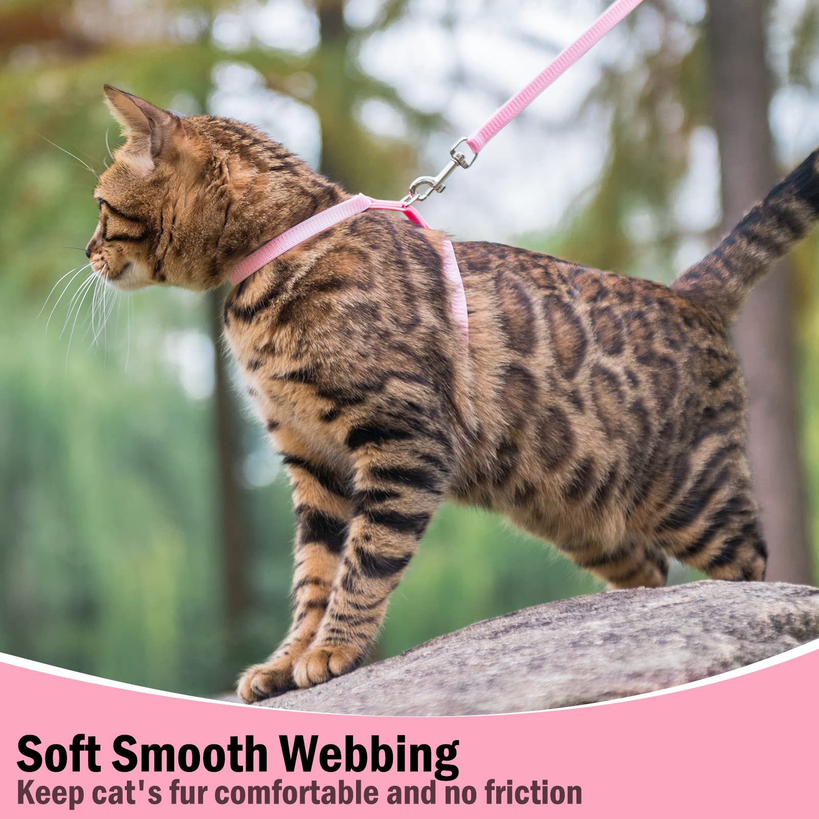 Pupteck Adjustable Cat Harness And Leash Set Escape Proof Kitten Strap Collar For Walking Travel, Light Pink