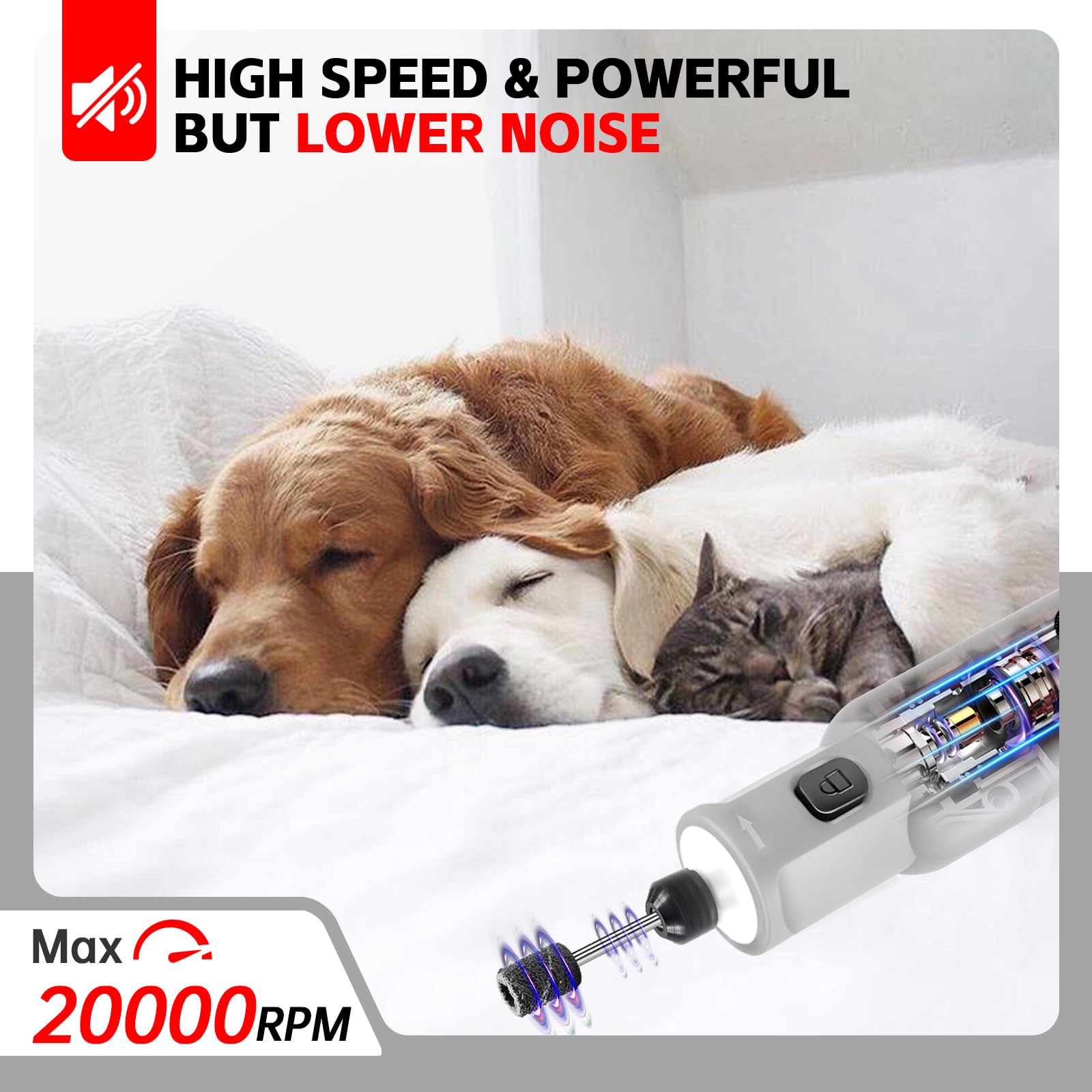 Dog Nail Grinder - Rechargeable Pet Nail Grinder, Electric Upgraded 5 Speed W Led Lights Cordless Dog Nail Trimmer Kit, 40 Acces