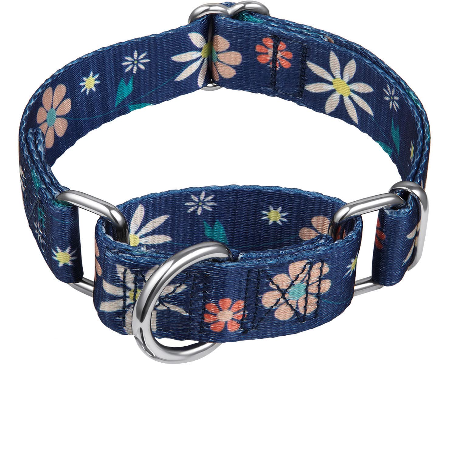 Martingale Collar Floral Print Dog Collar - Dazzber No Pull Pet Collar, Heavy Duty Adjustable Dog Collar, Large, Neck 17 Inch -25 Inch, Elegant Flowers (Dark Blue)