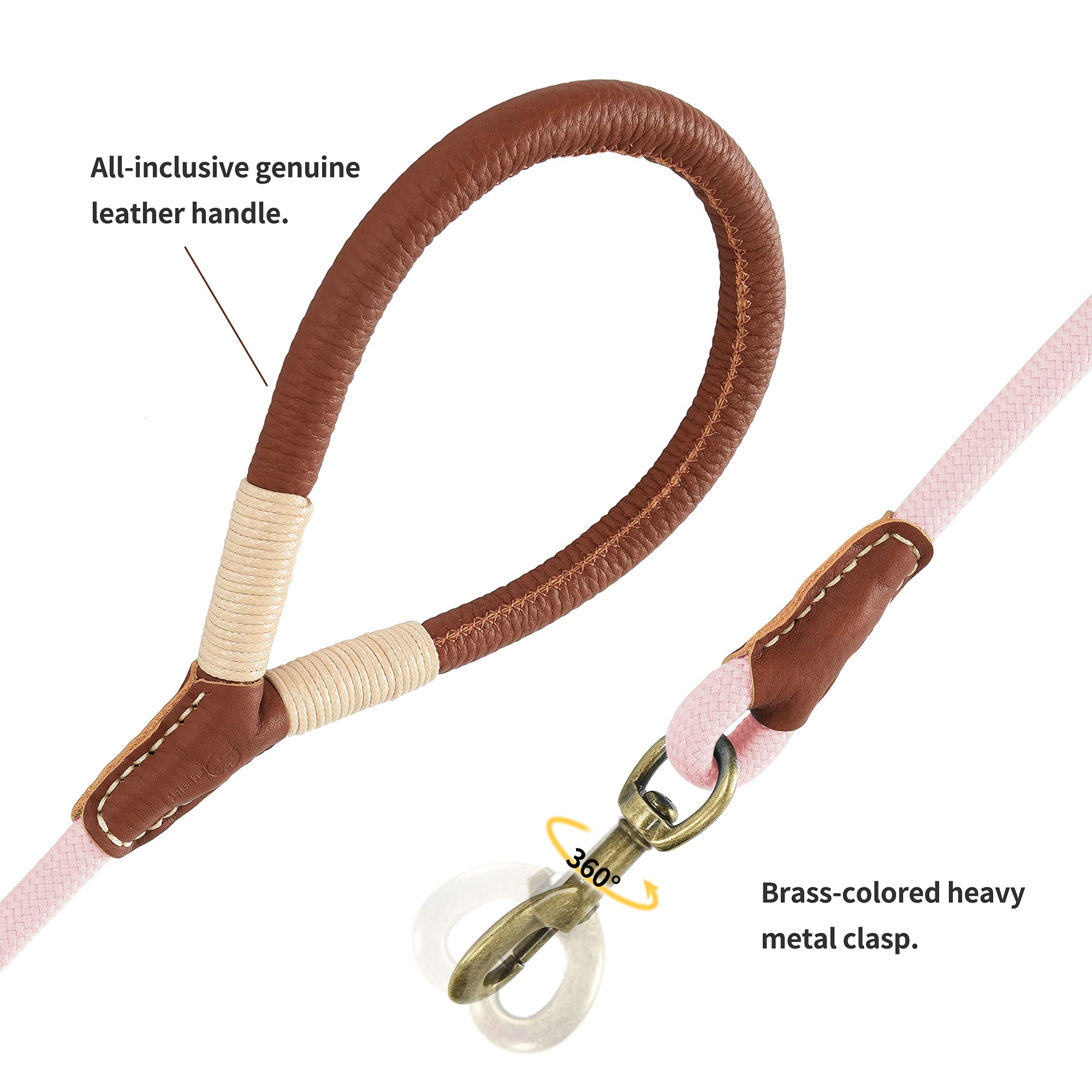 Mile High Life | Premium Leather Dog Leash | Strong Rope Dog Leash | Leather Handle | Heavy Duty Clasp | Small Medium Large Dogs | Diameter 1/2' (Pink, 5 Feet)