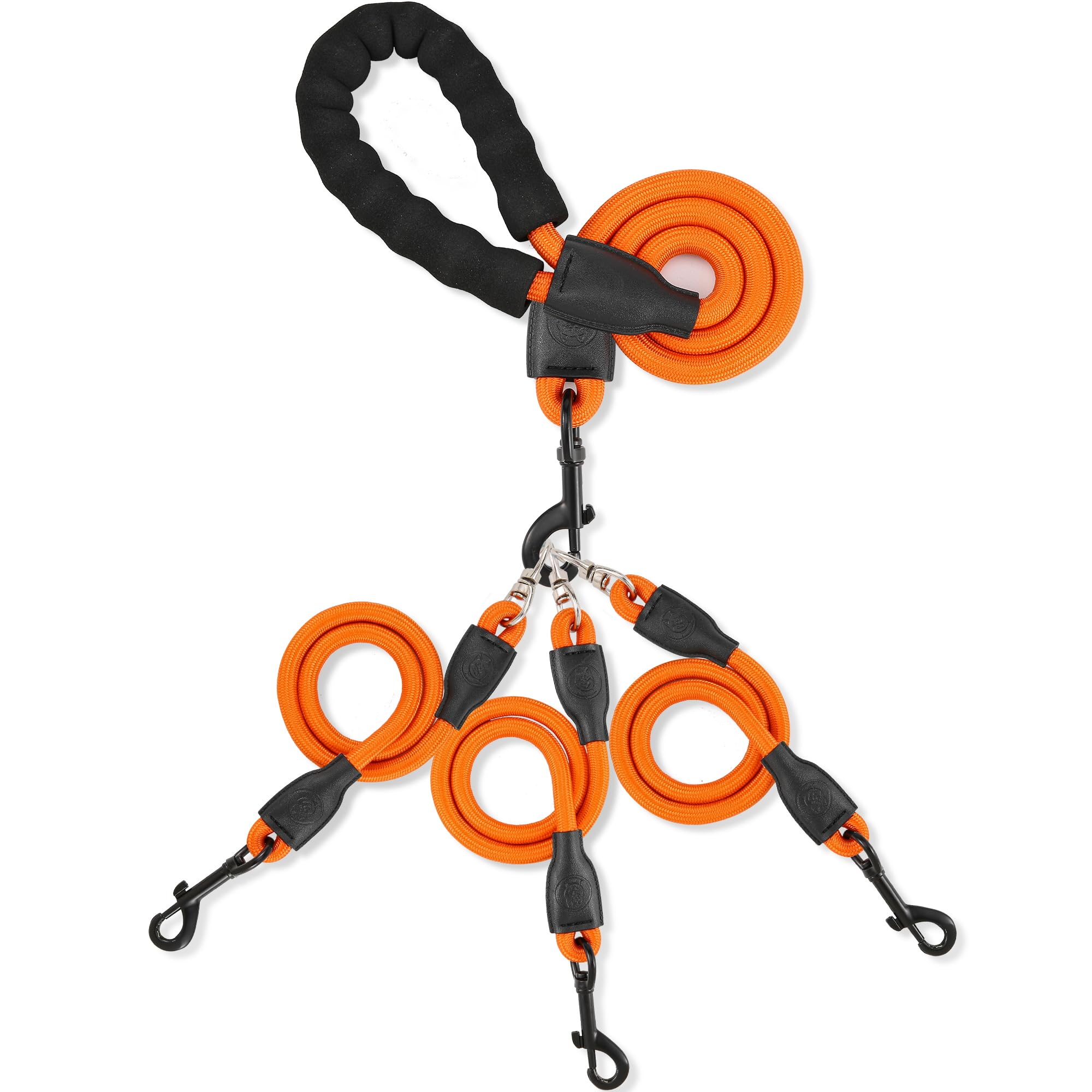 Heavy Duty Three-Way Dog Leash, No-Tangle 360 Swivel, Padded Handle, For Walking & Training (Orange, L/30-135 Lbs)