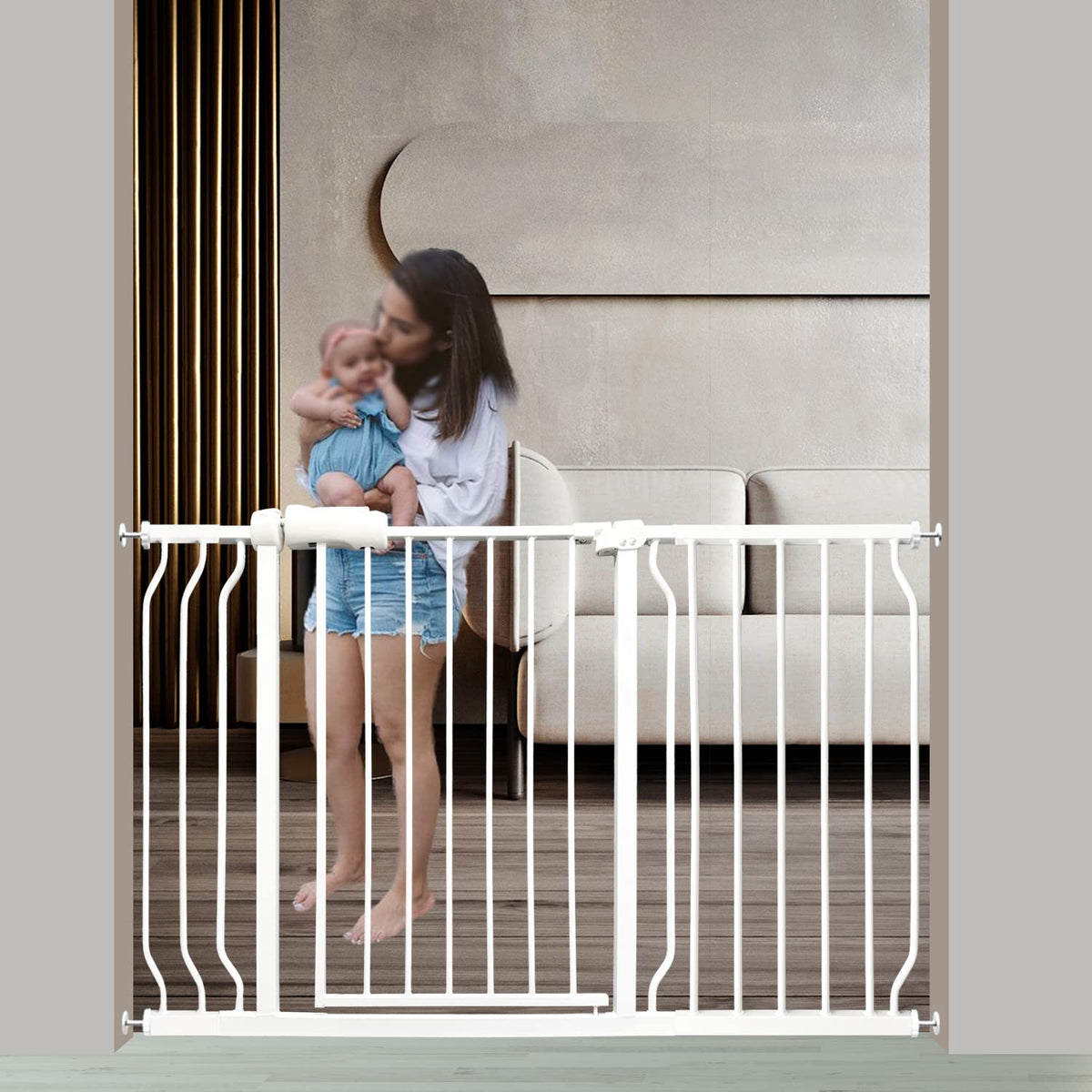 Extra Wide Baby Gate Pressure Mounted Auto Close White Metal Child Dog Pet Gate 48-53 Inch Wide For Stairs,Doorways,Kitchen And Living Room