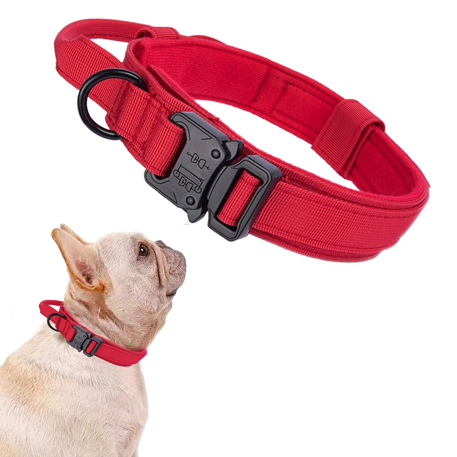 Tactical Dog Collar Military Dog Collar Adjustable Nylon Dog Collar Heavy Duty Metal Buckle With Handle For Dog Training (Red,S)