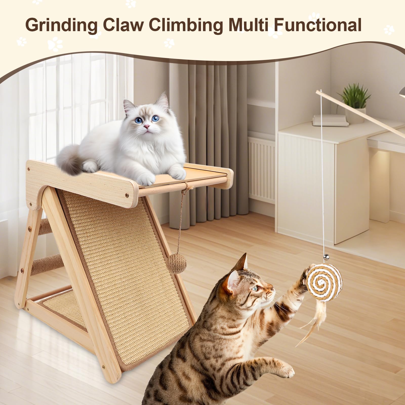 BluGun Cat Scratching Pad Ramp - Solid Wood Sisal Scratcher with Wooden Teaser, Ideal for Kittens and Cats