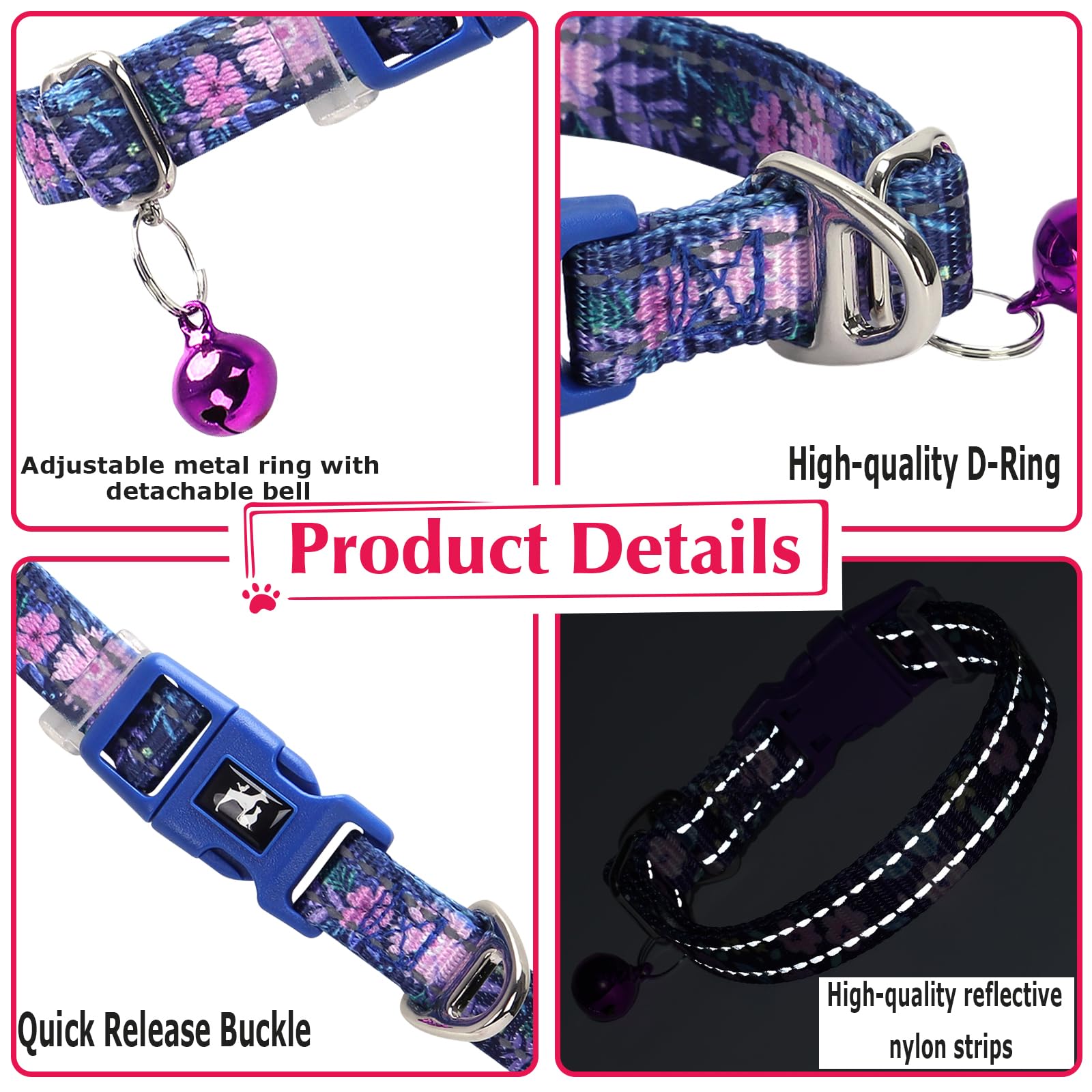 Xxs/Xs Dogs Collar With Bell - Reflective Nylon Adjustable With Bohemia Floral Patterns For Puppy Collar, Comfortable & Safe For
