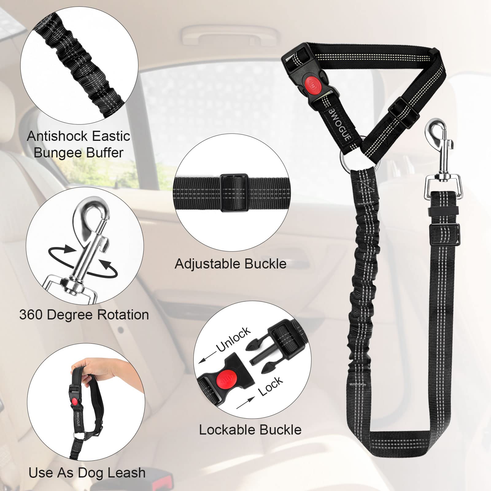 Bwogue 2 Packs Dog Cat Safety Seat Belt Strap Car Headrest Restraint Adjustable Nylon Fabric Dog Restraints Vehicle Seatbelts Ha