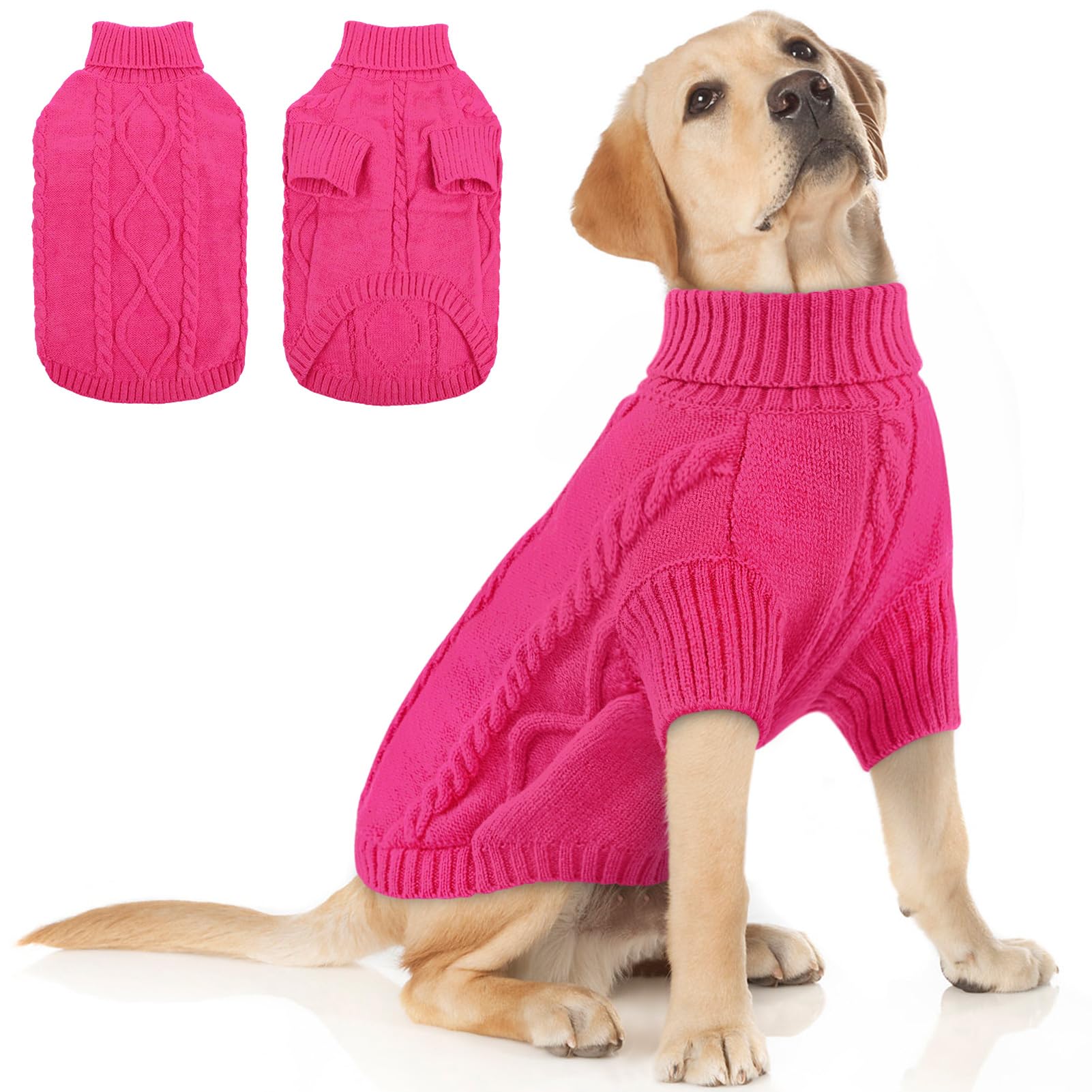 Queenmore Large Warm Sweater For Extra Large Dogs, Chunky Knitted Turtleneck Winter Outfit For Big Doggie Boy Girl (Fuchsia, 2Xl