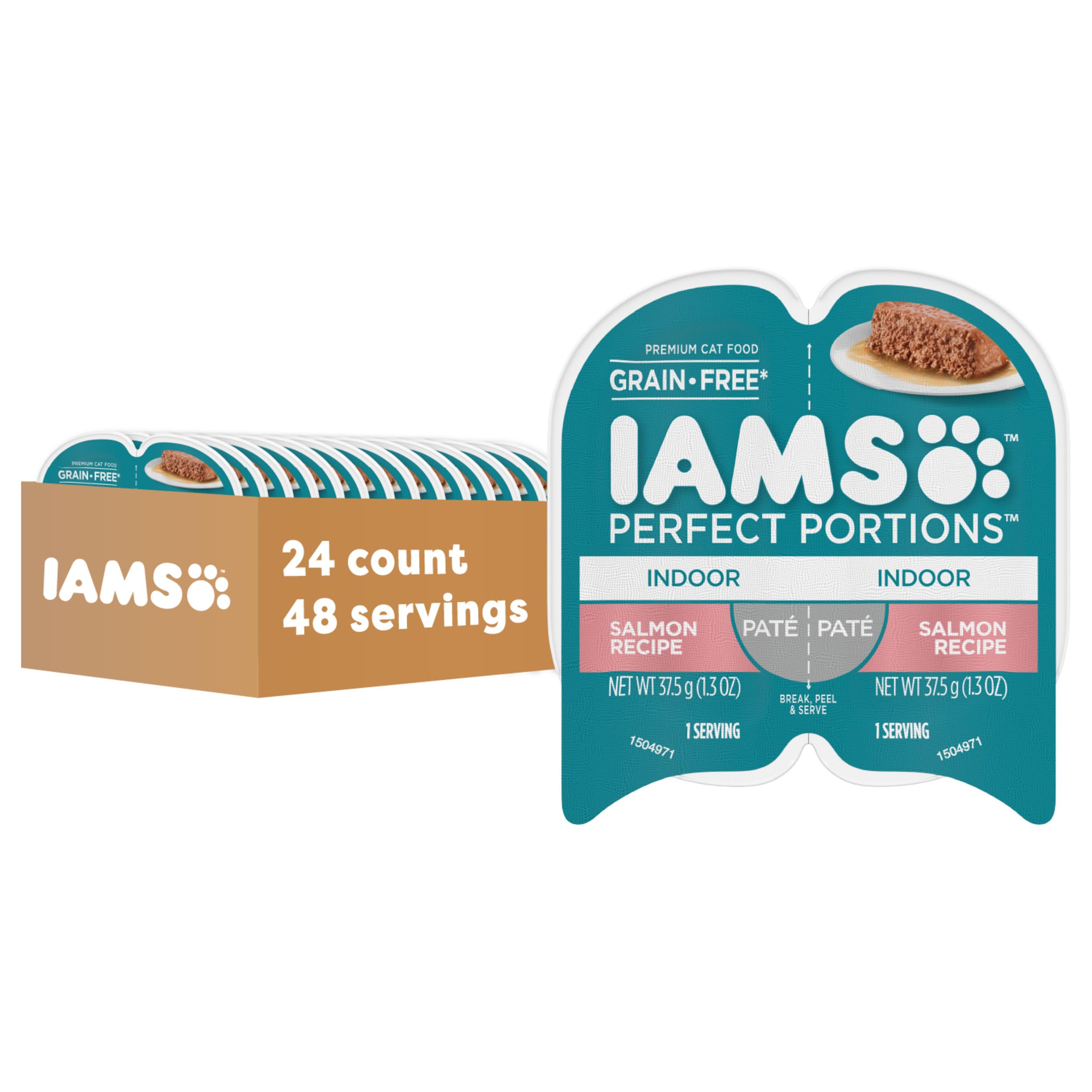 IAMS Perfect Portions Indoor Adult Grain Free Wet Cat Food Pat  , Salmon Recipe, 2.6 oz. Easy Peel Twin-Pack Trays (24 Count, 48