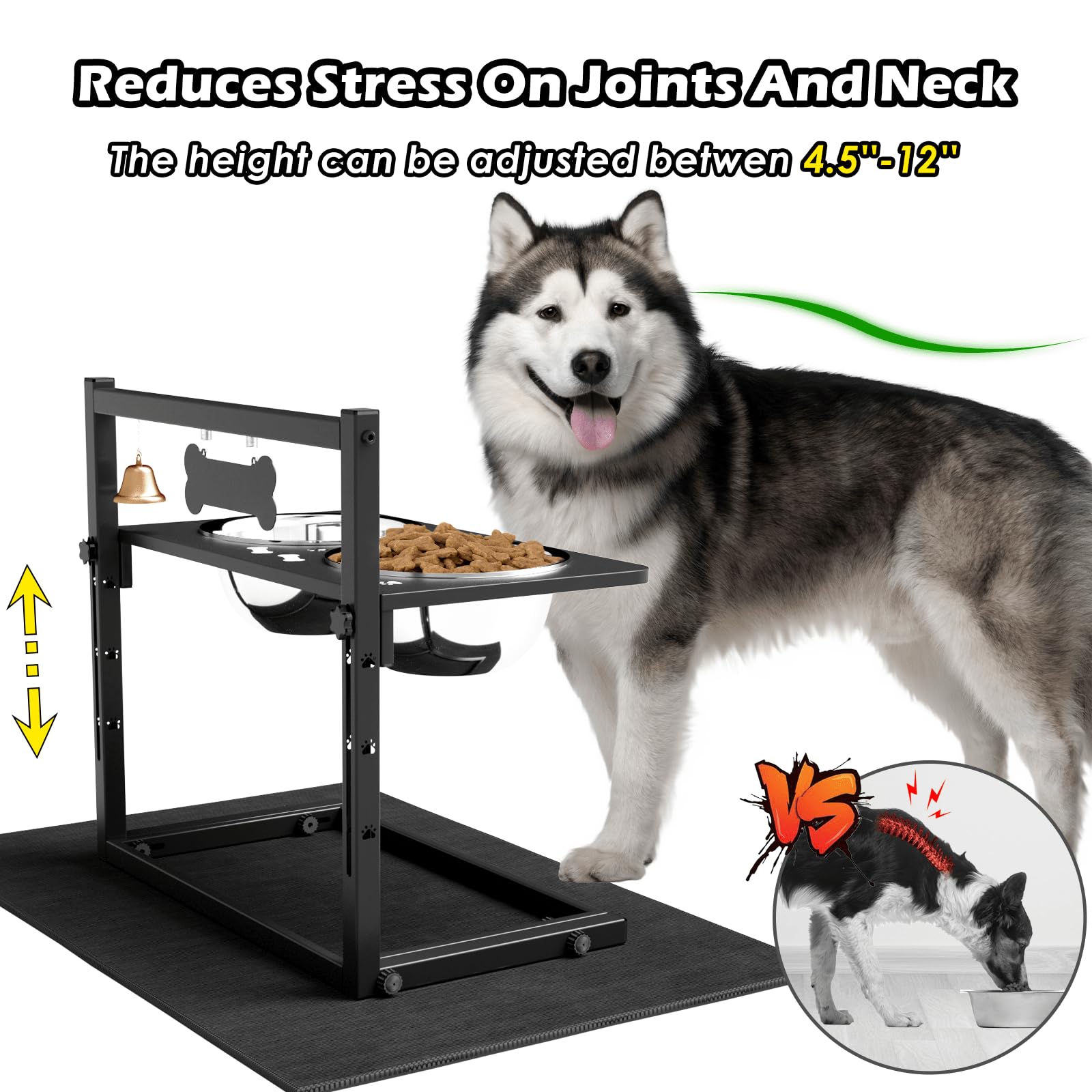 SHAINFUN Elevated Dog Bowls for Large Dog with Mat, Adjustable Height 4.3''-11.8'', Metal Raised Dog Bowl Stand, Two 1.7L Stainl