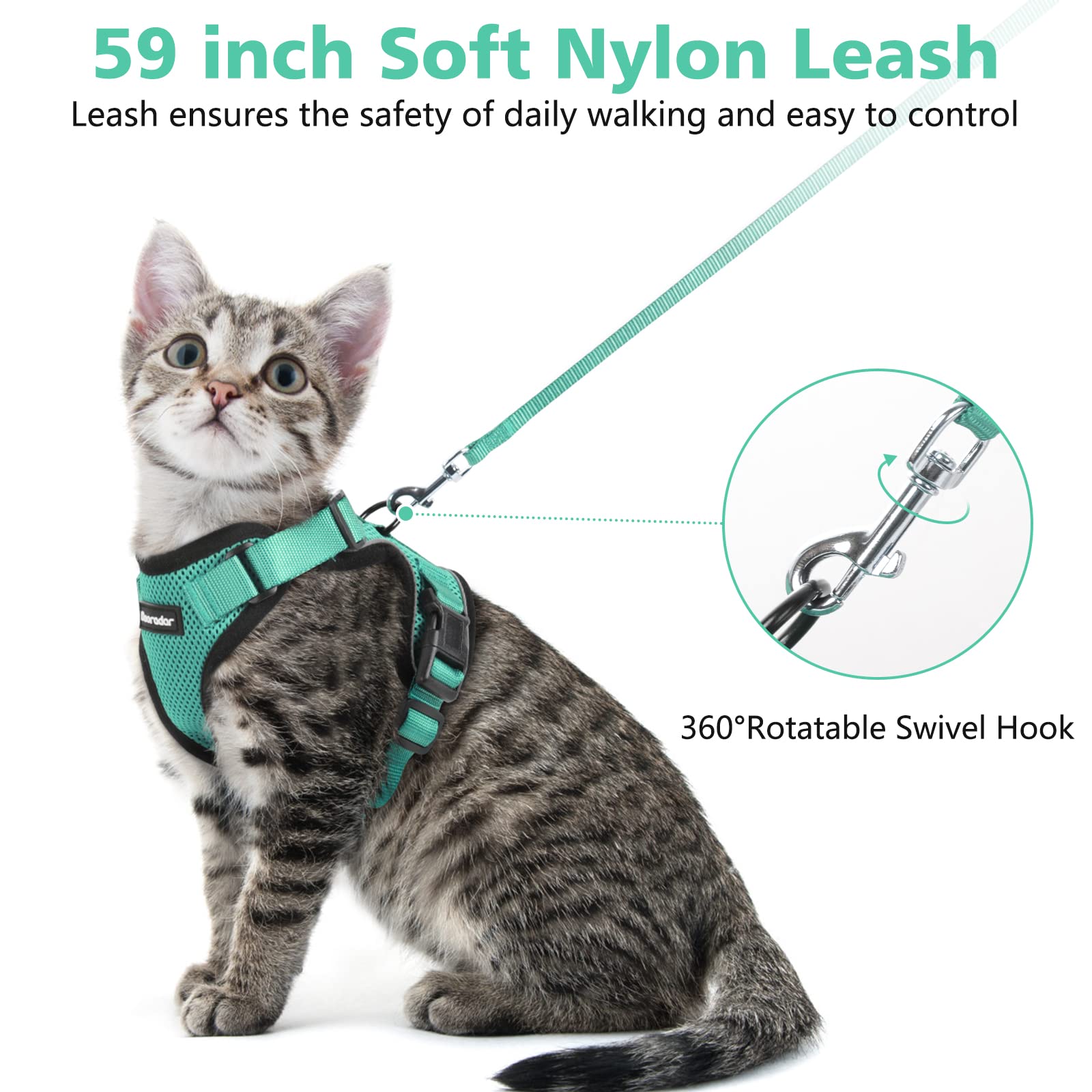 Dooradar Cat Harness And Leash Set, Escape Proof Safe Adjustable Kitten Vest Harnesses For Walking, Easy Control Soft Breathable Mesh Jacket With Reflective Strips For Cats, Green, S