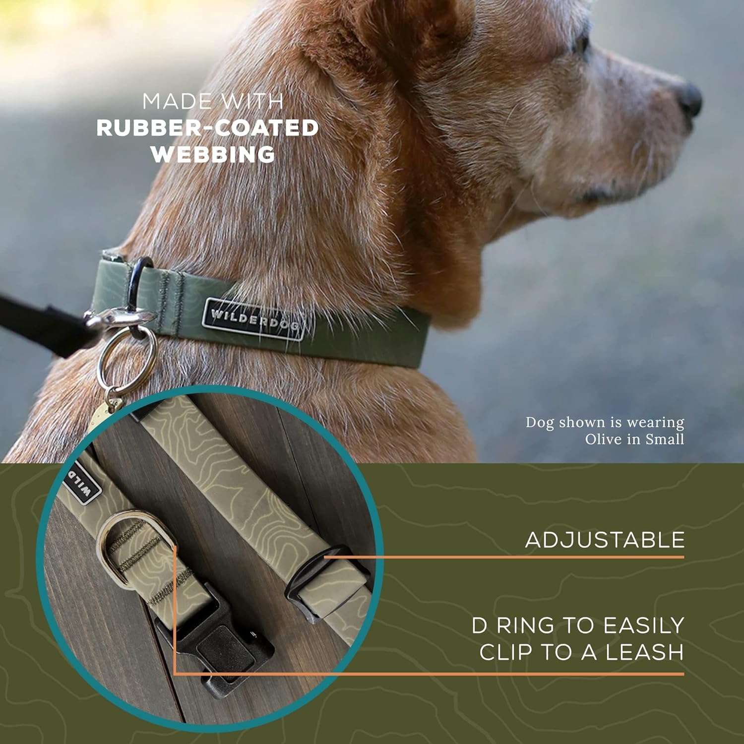 Wilderdog Waterproof Dog Collar - Repels Water & Dirt - Medium 13''-18'' - Olive
