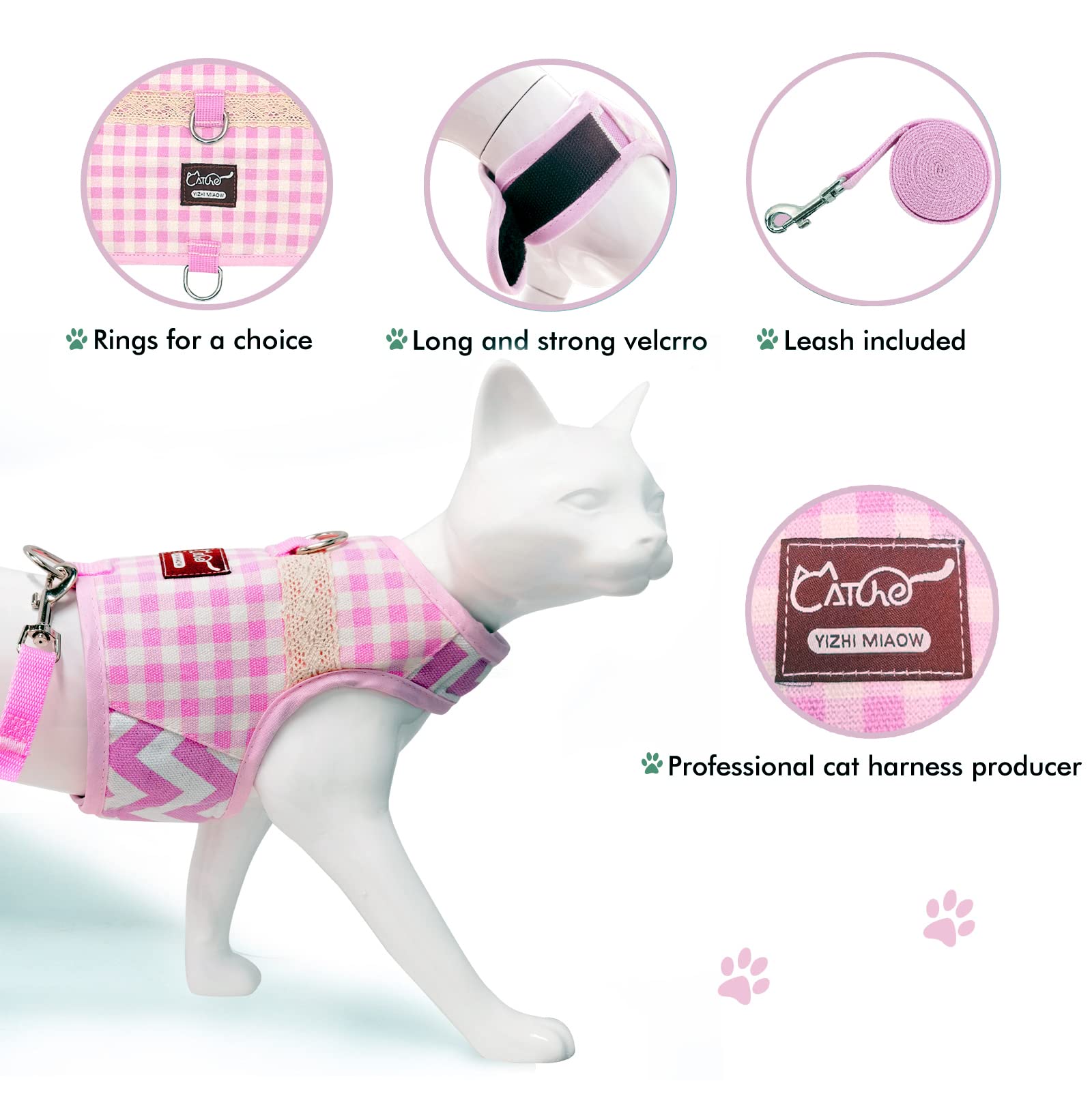 Yizhi Miaow Cat Harness and Leash for Walking Escape Proof, Adjustable Cat Vest Harness, Padded Stylish Cat Walking Jackets, Pin