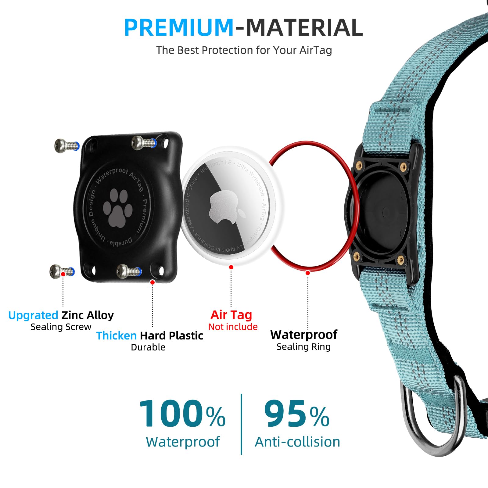Upgraded Airtag Dog Collar, Ip68 Waterproof Air Tag Dog Collar Holder, Reflective, Ultra-Durable, Comfortable Padded, Heavy Duty Dog Collars For Small Medium Large Dogs (S (10.6'-13.6'), Lightblue)