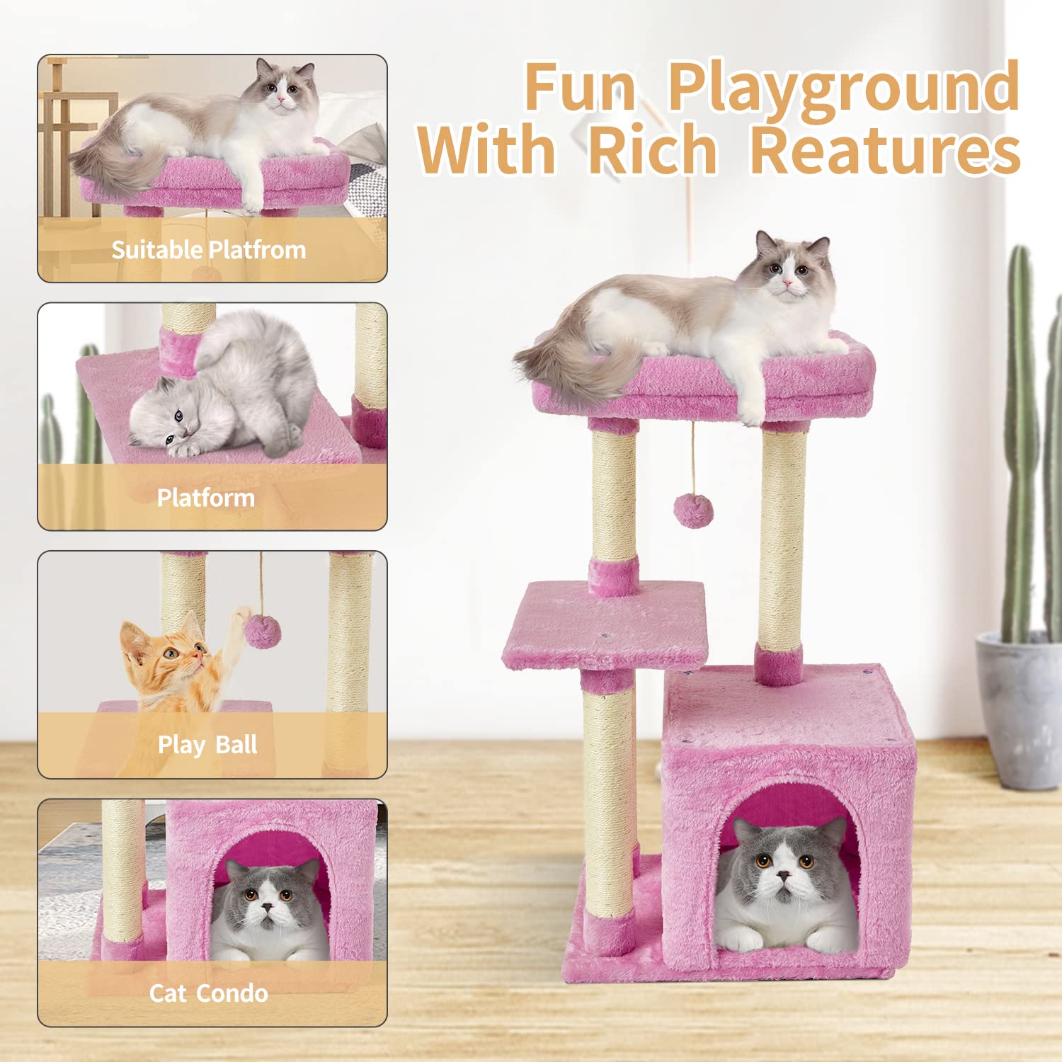Fish&Nap Cute Cat Tree Kitten Cat Tower For Indoor Cat Condo Sisal Scratching Posts With Jump Platform Cat Furniture Activity Center Play House Pink