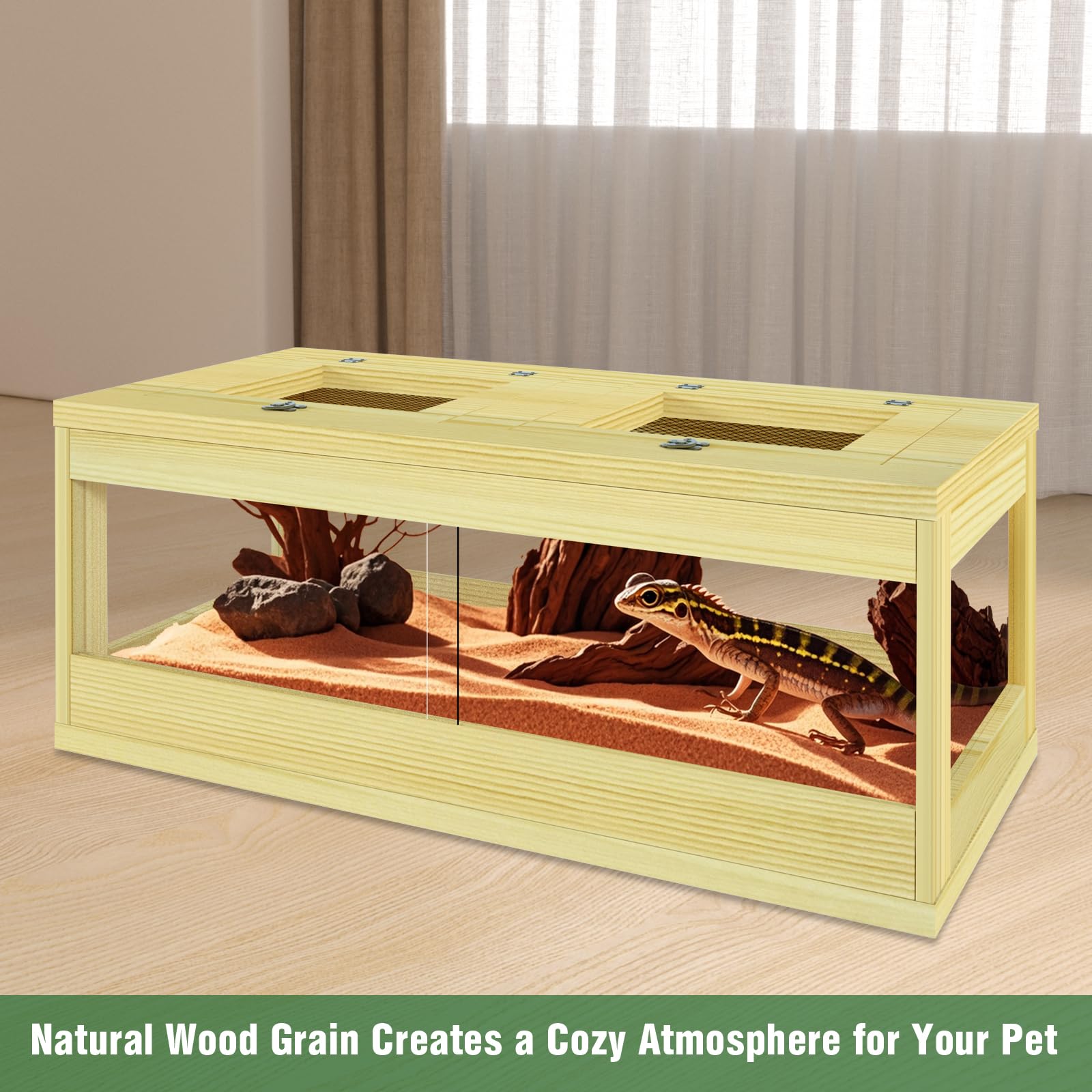 32 Gallon Reptile Tank, Solid Wood Bearded Dragon Tank, Front Opening Snake Enclosure, Lockable Sliding Doors, Small Reptile Ter