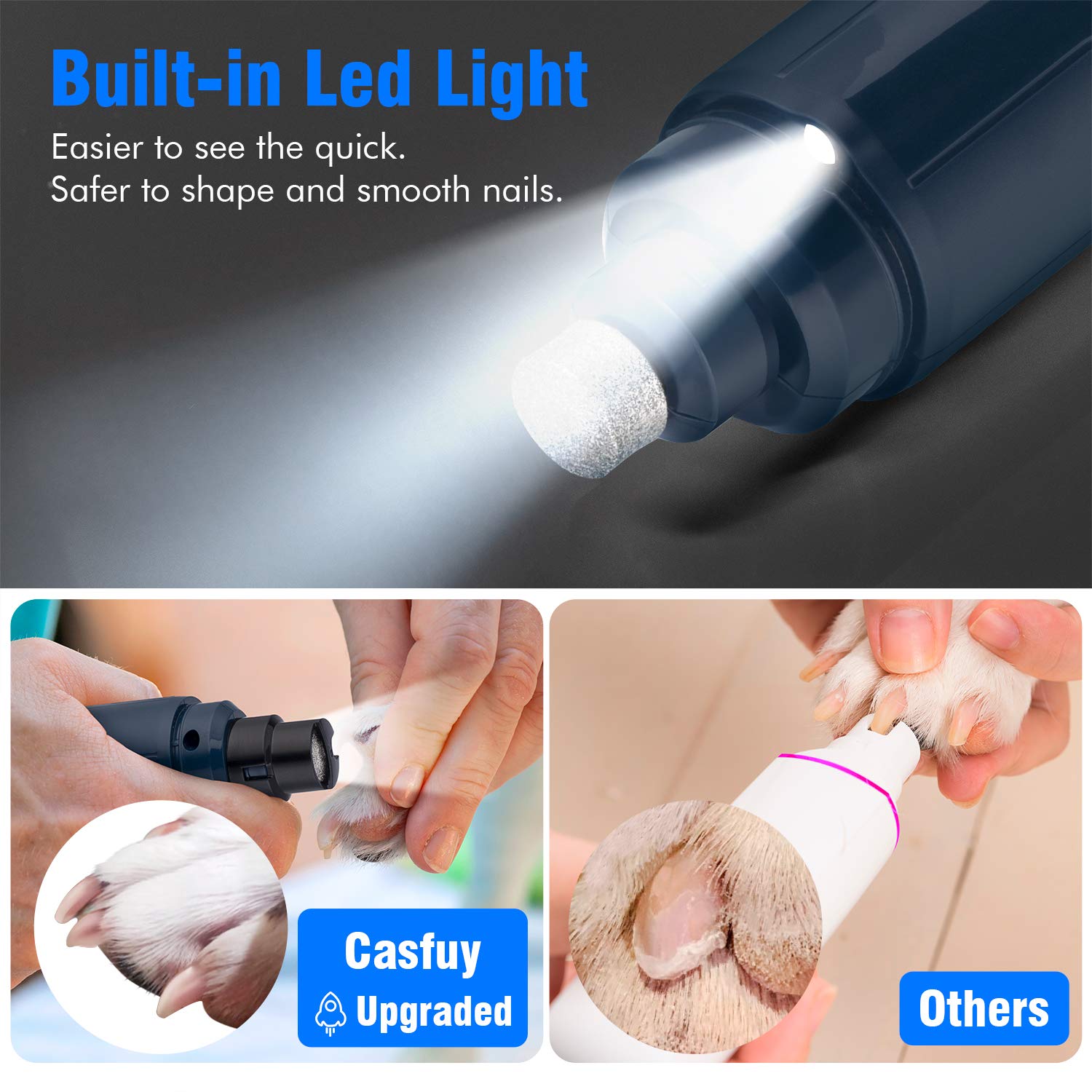 Casfuy Dog Nail Grinder - 2-Speed Electric Trimmer with LED Light for Small, Medium & Large Dogs & Cats - Dark Blue