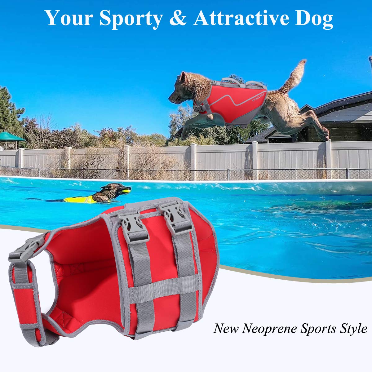 Vivaglory Neoprene Dog Life Jacket Doggy Life Jacket For Boating Hunting & Swimming, Lightweight With Leash Ring, Xl, Red