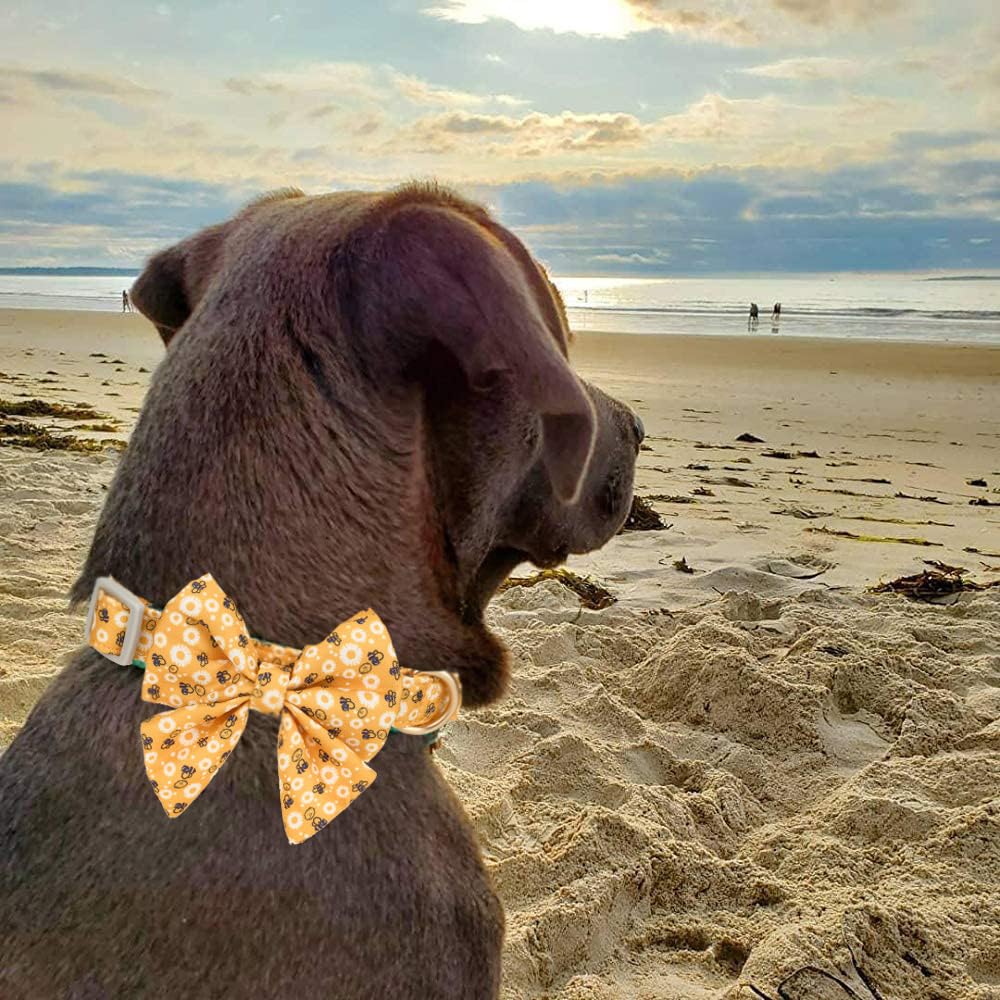 Ewinoom Bowtie Dog Collar Adjustable Soft Cotton Dog Collars In Cute Bee Pattern,For Small Medium Large Boy & Girl Dogs,Yellow B