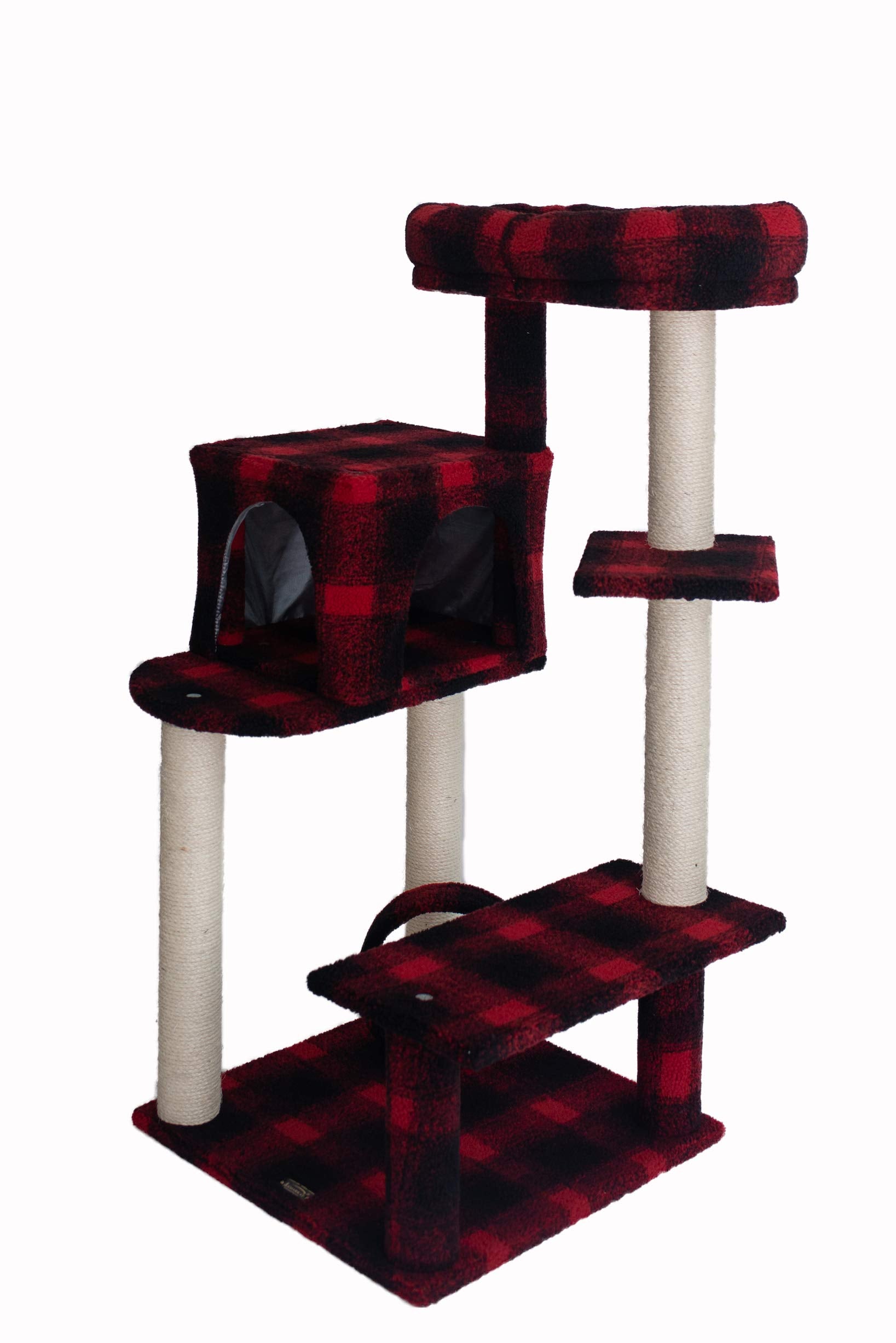 Armarkat Model B5008 50-Inch Real Wood Cat Tree With Veranda, Bench, Mini Perch, And Spacious Lounger In Scotch Plaid, Black/Red, 31''(L) X 28''(W) X 50''(H)