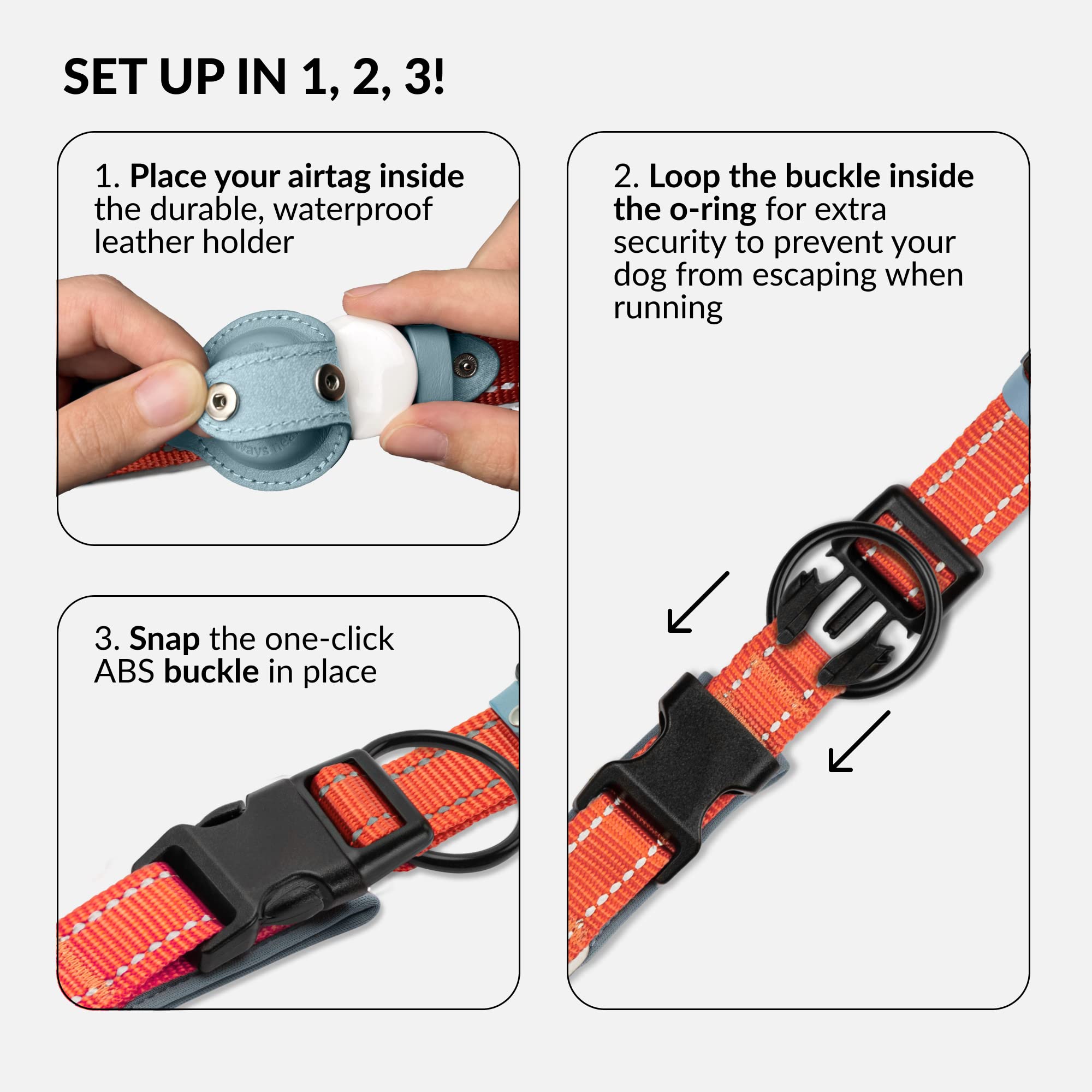 Collardirect Airtag Dog Collar Reflective Nylon Neoprene Leather Holder For Apple Air Tag For Large, Medium, And Small Dogs (Pin