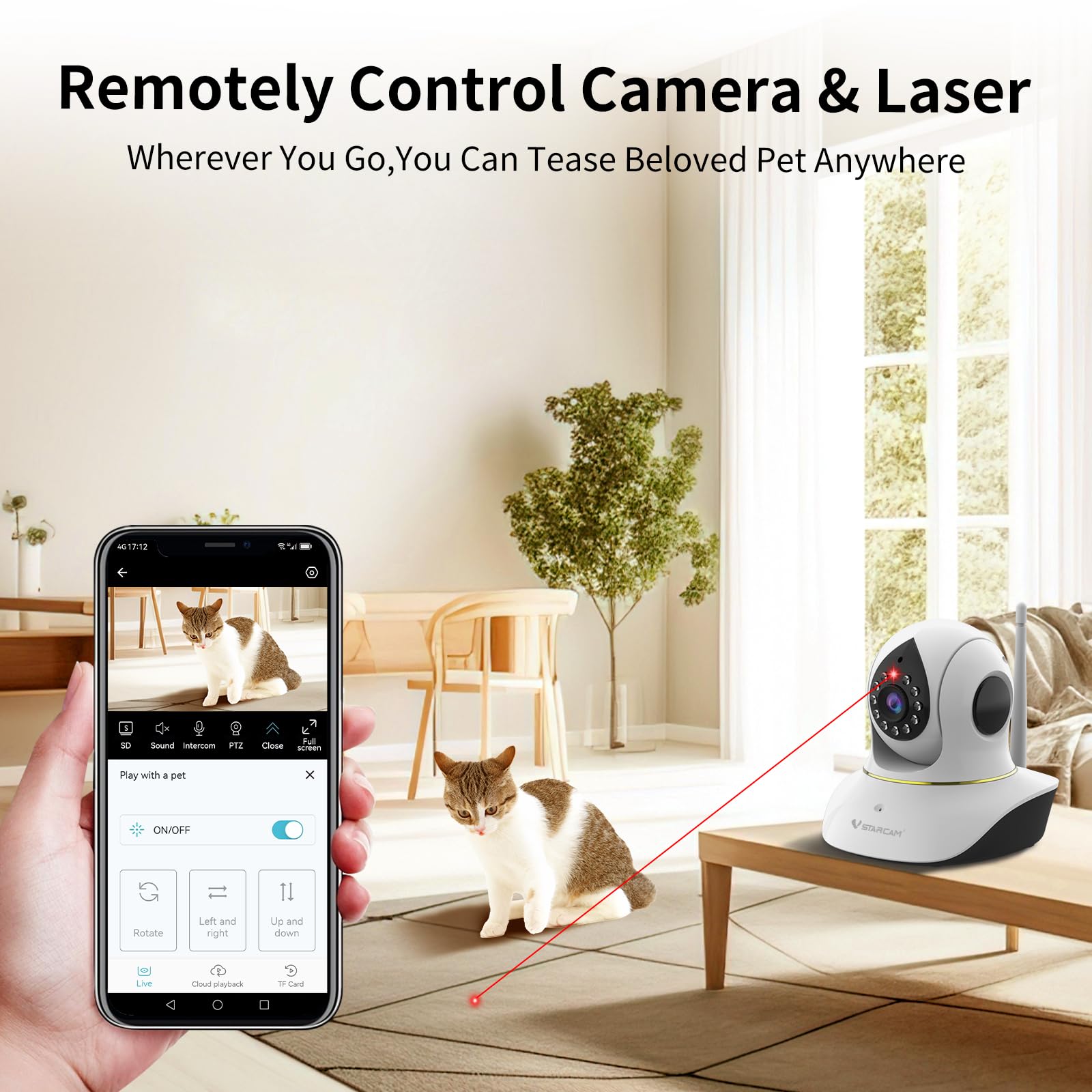 Vstarcam Pet Camera With Laser, 3Mp 2.4Ghz Wifi Interactive Dog & Cat Laser Toy With Night Vision, Motion Detection Alerts, App