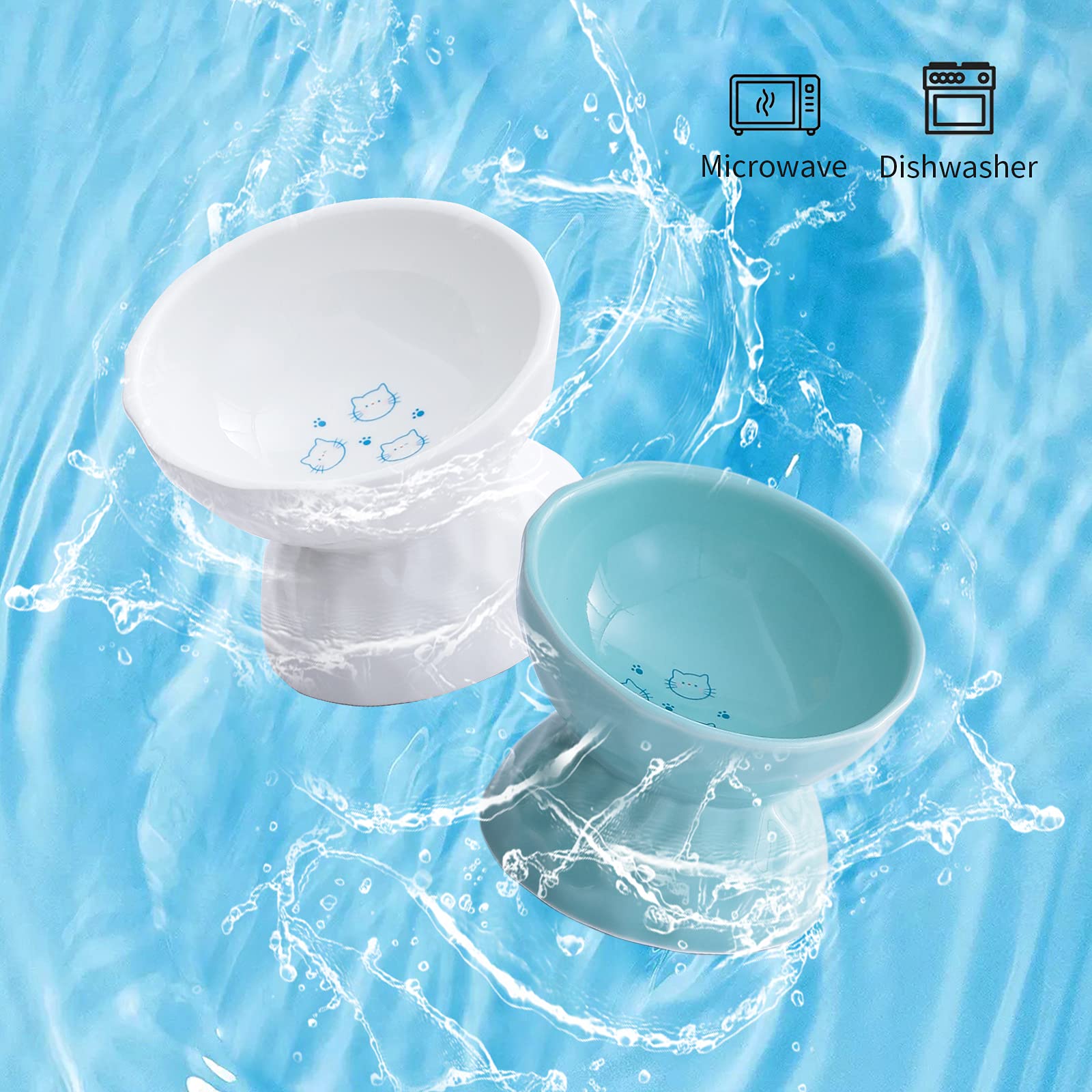 Tamaykim Ceramic Tilted Cat Bowls, 8 Oz, 5 Inch, Set Of 2, White & Mint Green