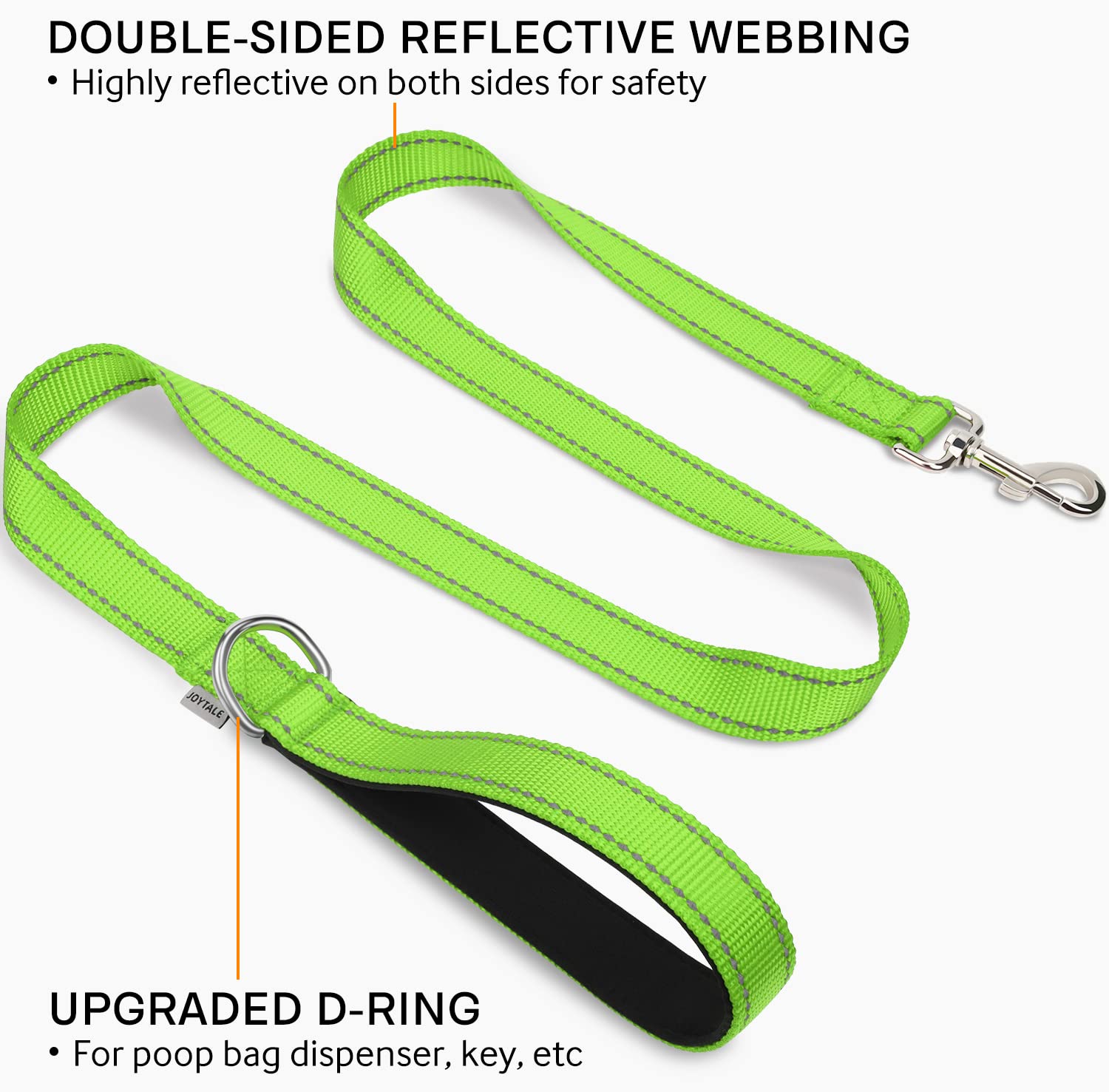 Joytale Double-Sided Reflective Dog Leash, 6 Ft/5 Ft/4 Ft, Padded Handle Nylon Dogs Leashes For Medium & Large Dogs Walking, Green, 5Ft