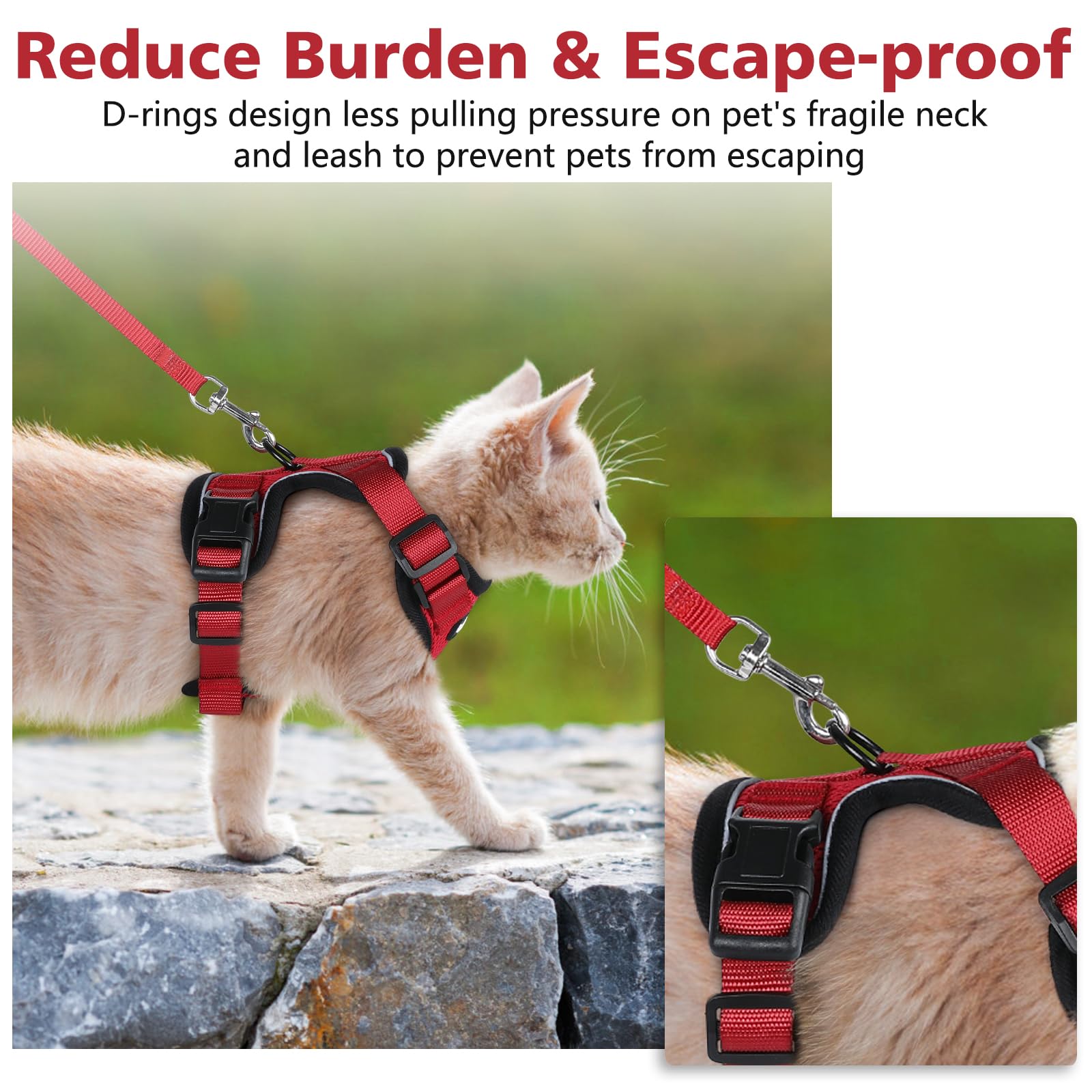 Dooradar Cat Harness And Leash Set, Escape Proof Safe Adjustable Kitten Vest Harnesses For Walking, Easy Control Soft Breathable Mesh Jacket With Reflective Strips For Cats, Red, Xs