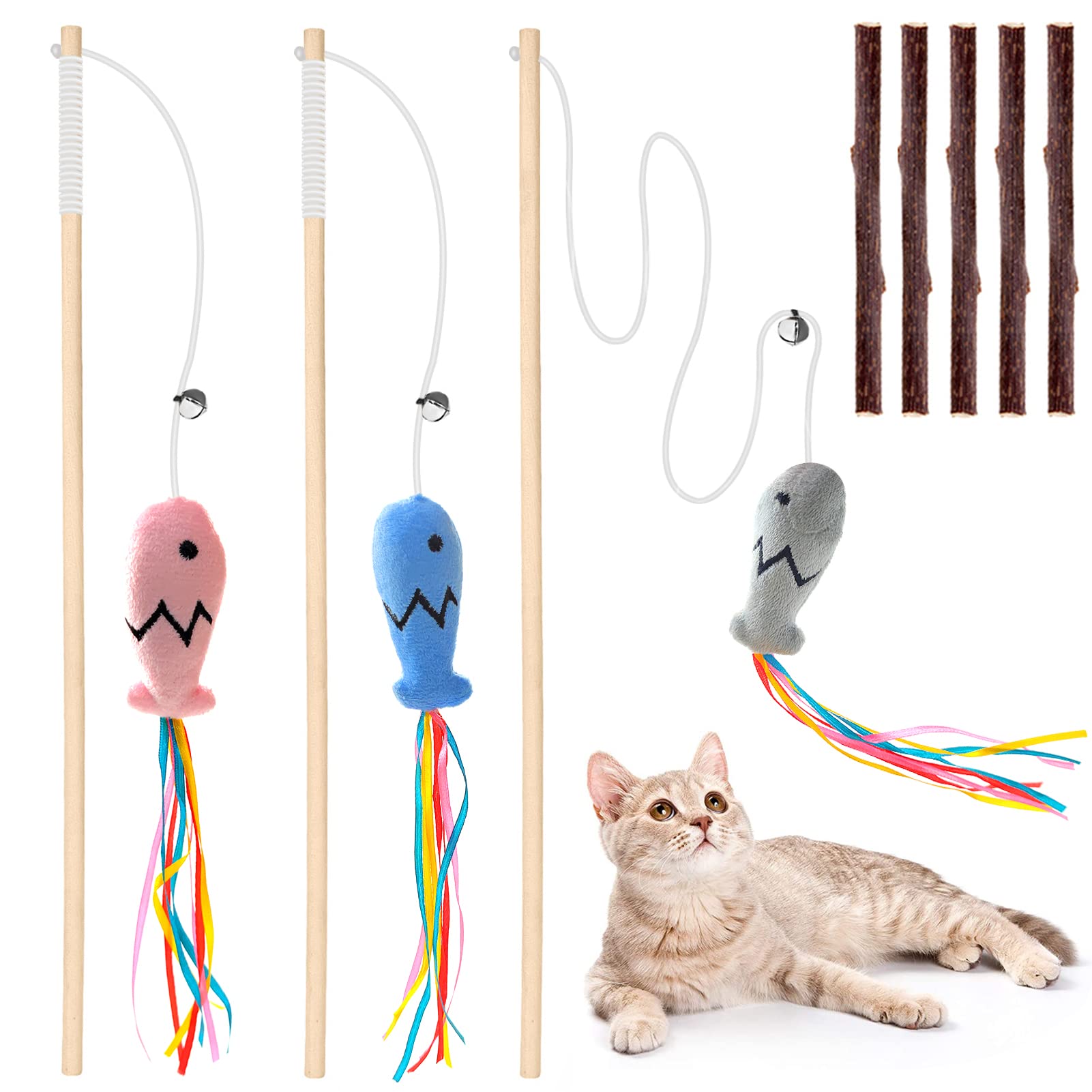 Natural Wood Cat Wand Toy With Ribbon Fish Teaser - 3Pcs, 16 Inch, Indoor Cat Exerciser & Playing Kitten Toy, Bonus 5Pcs Catnip 