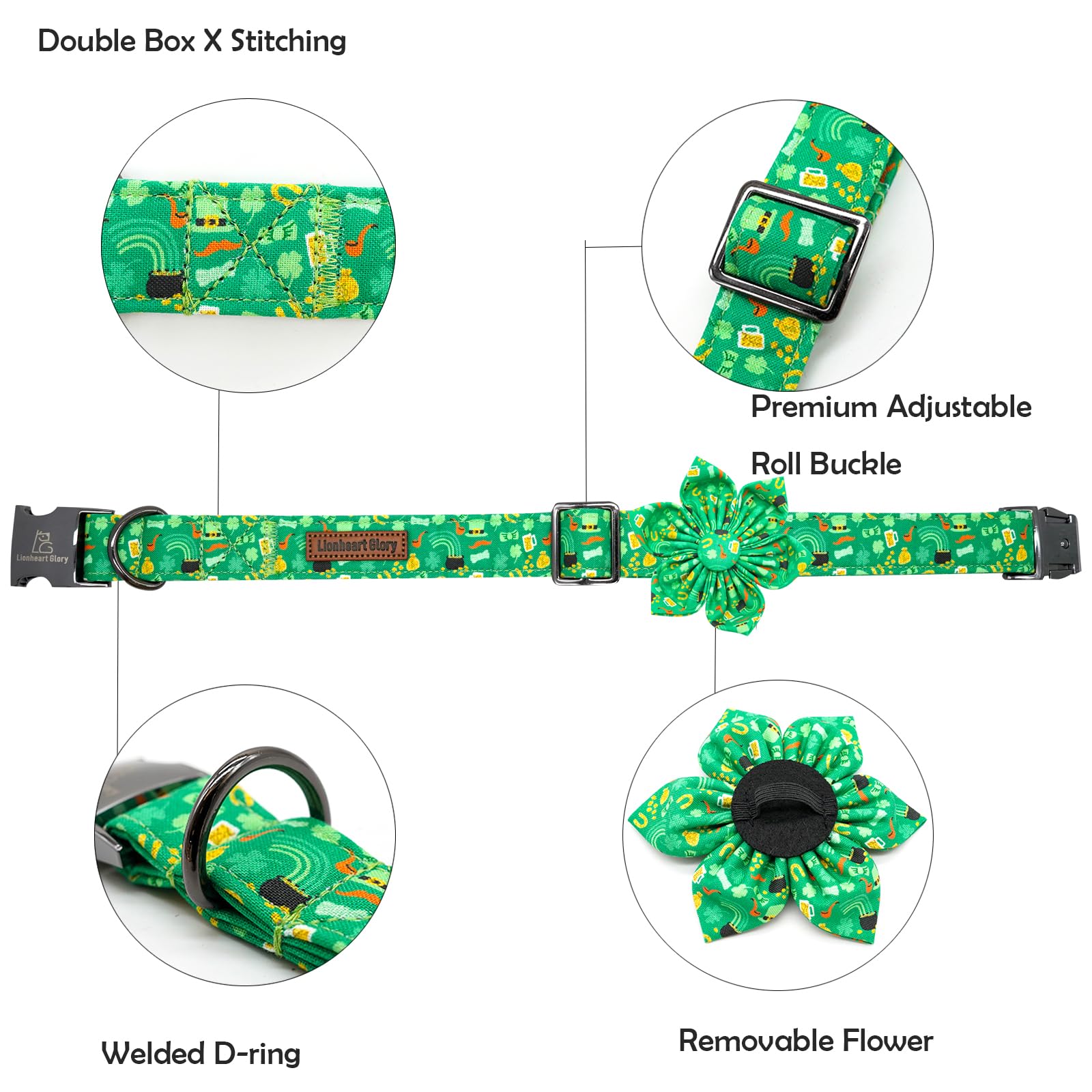 Lionheart Glory St. Patrick'S Day Collar With Flower Design For Medium Dogs, Green Collar With Lucky Clover Shamrock Pattern, He