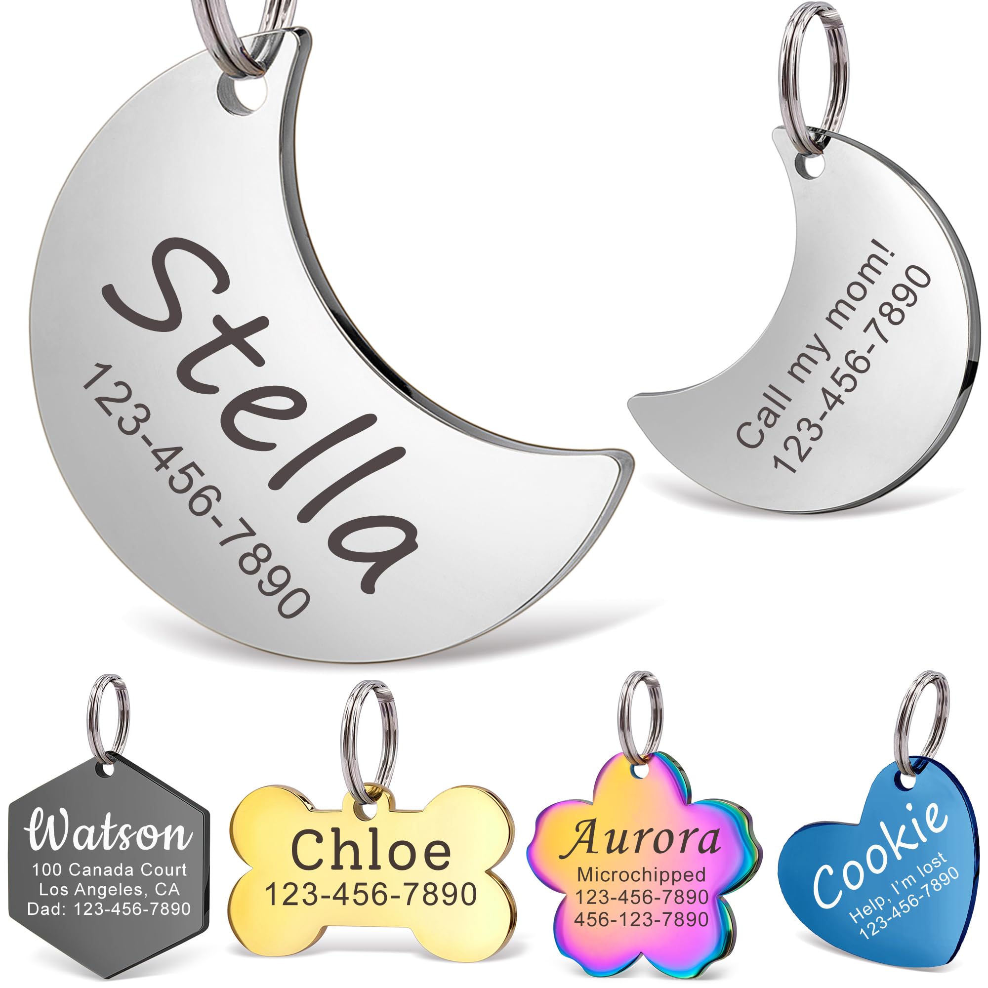 Anavia Personalized Pet Id Tags, Stainless Steel Glossy Laser Engraved Dog Cat Collar Name Tags, Multiple Colors Shapes Sizes (M