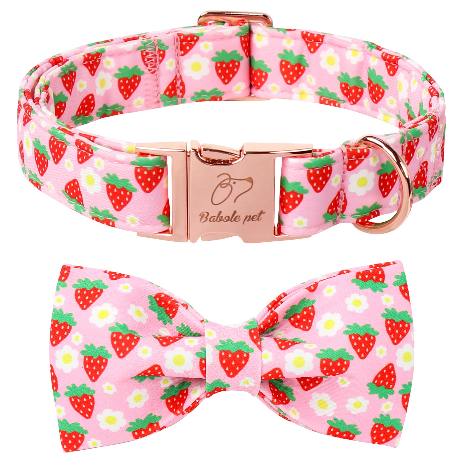 Babole Pet Cute Strawberry Dog Collar With Bow Tie - Adjustable Spring-Summer Pink Bowtie Collar Breathable Comfort Dog Collars 