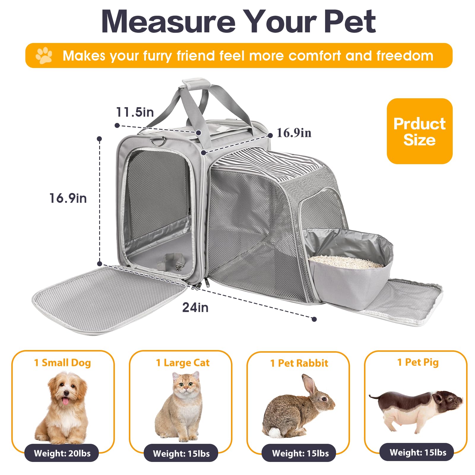 Cat Carrier With Litter Box - Large Travel Cat Carrier Fits Pets Up To 20 Lbs With Inner Safety Strap Escape-Proof Zippers, Port