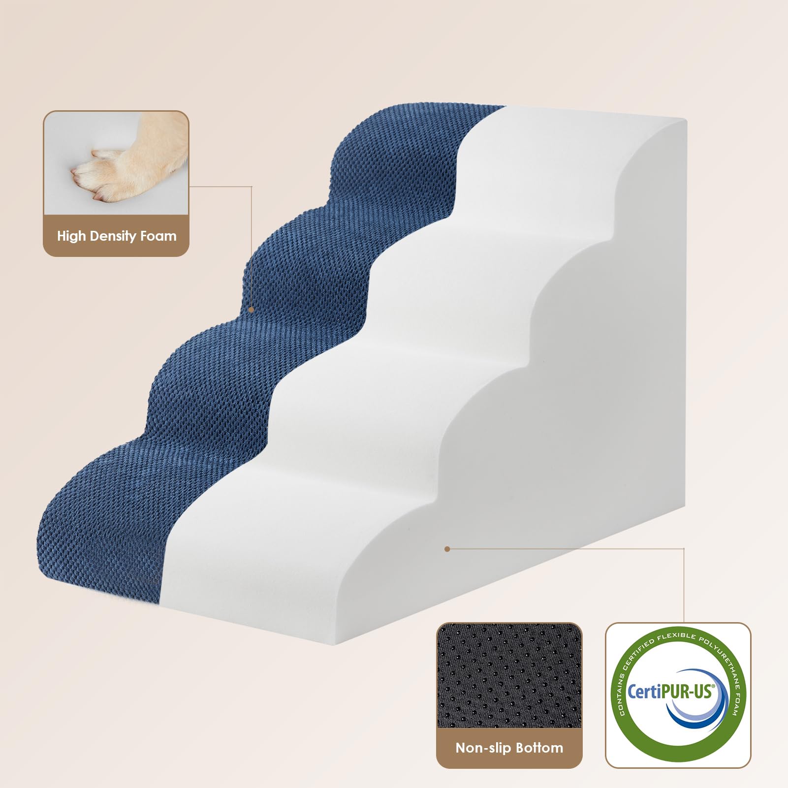 Eheyciga Curved Dog Stairs Ramp For High Beds 19.7' H, 4-Step Dog Steps For Small Dogs And Cats, Pet Stairs For High Bed Climbing, Non-Slip Balanced Pet Step Indoor, Navy