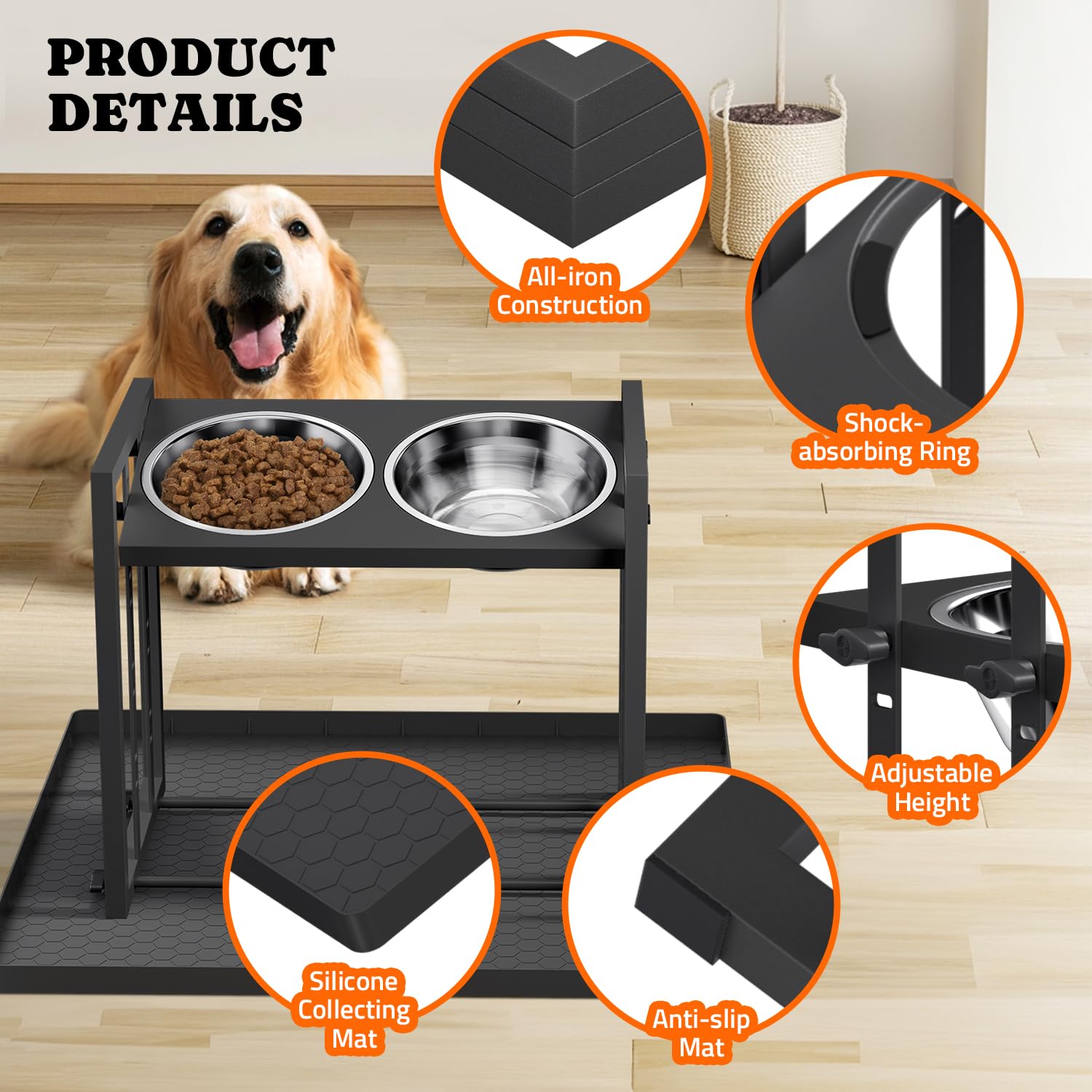 Elevated Dog Bowls For Medium Breed: 4 Height Adjustable Raised Dog Bowl With Metal Stand, Feeder Station With 2 Stainless Steel