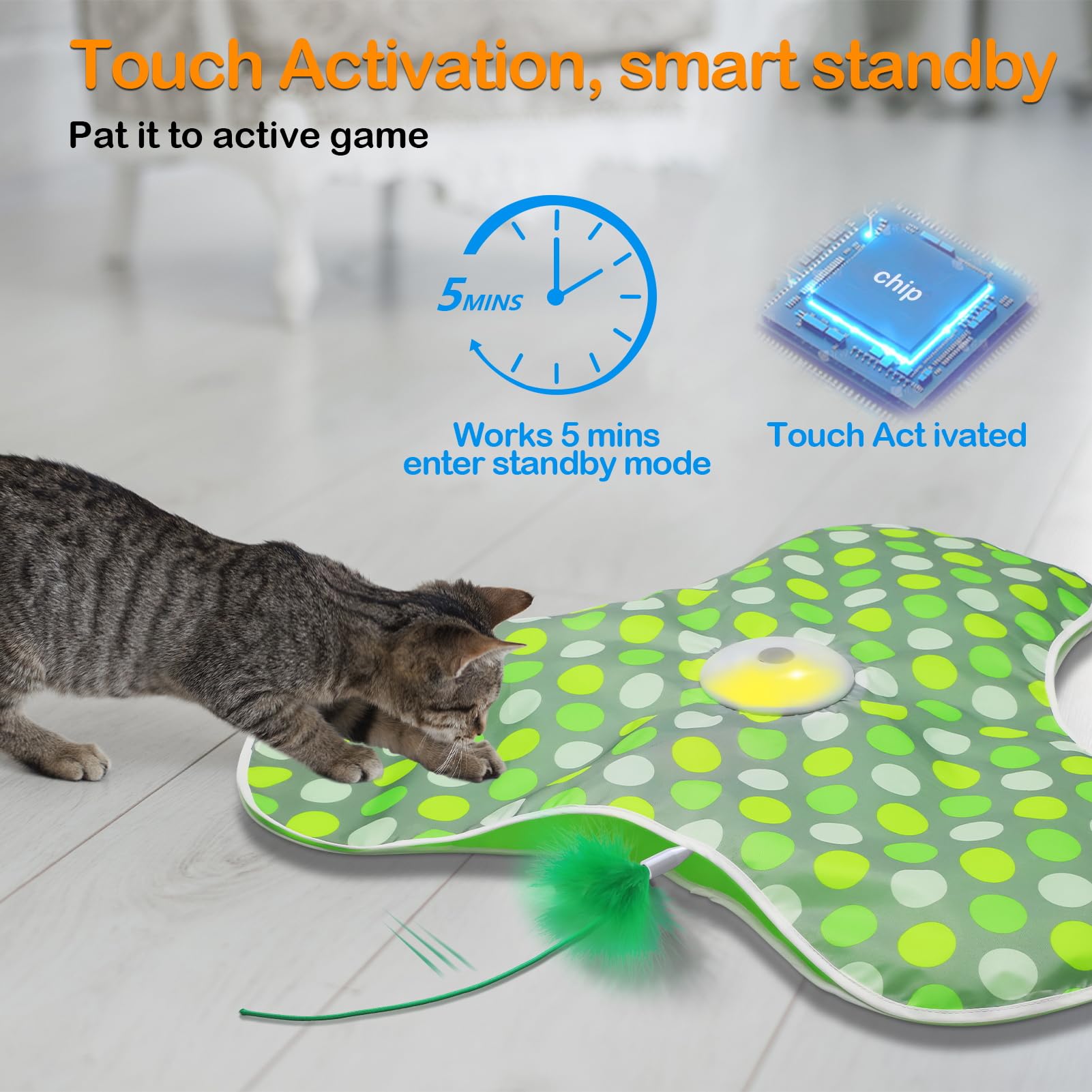Umosis Interactive Cat Toys Rechargeable,Moving Concealed Feathers,Real Mouse Squeaky,Touch Activated Cat Kitten Toy Exercise To
