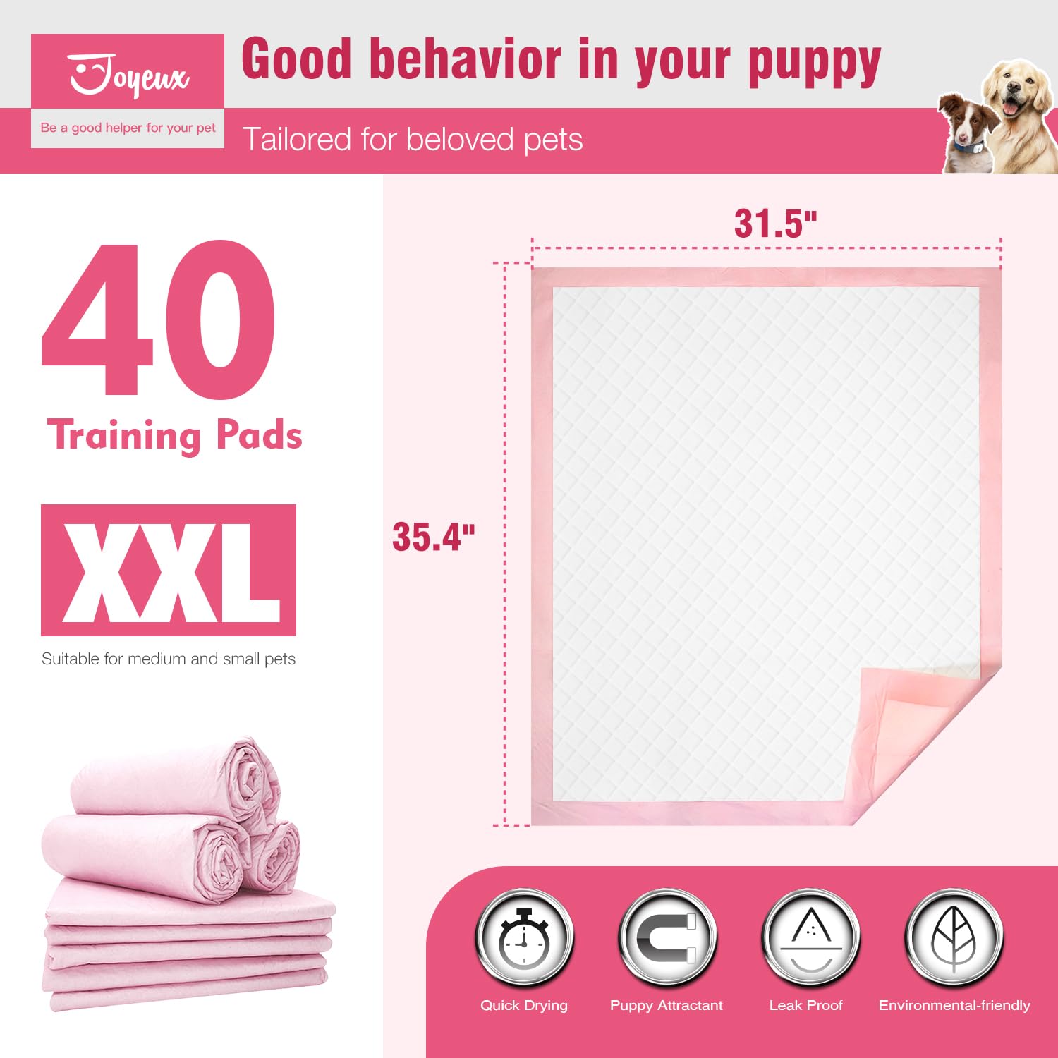 Joyeux Extra Large Puppy Pads, Super Absorbent, Ultra Leak-Proof, Quick Dry - 31.5 x 35.4 Pee Pads for Dogs - Dog Pads for Potty