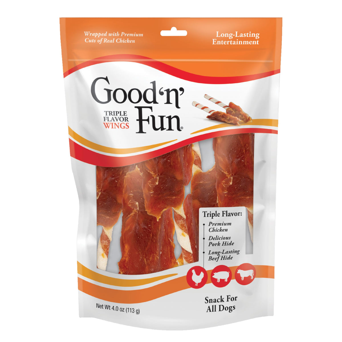 Good ‘N’ Fun Triple Flavor Wings Chews For All Dogs, Treat Your Dog To Long-Lasting Chews Made With Chicken, Pork Hide And Beef Hide, , 4 Ounces