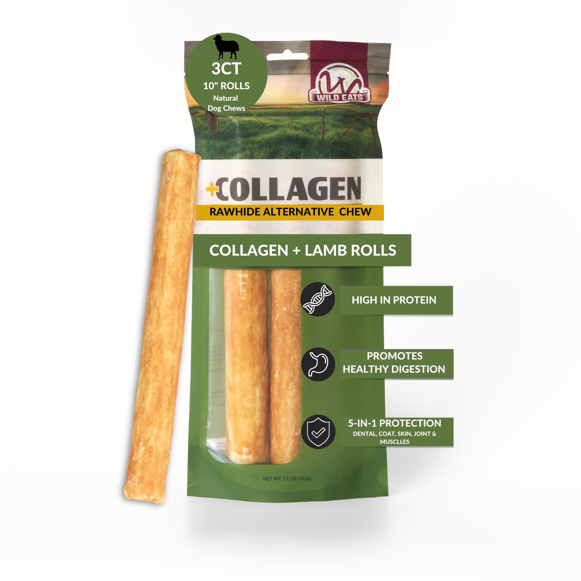 Wild Eats Lamb Flavor Collagen Retriever Style Cheek Rolls 10 Dog Chews-3 Pack (Long Lasting Dog Chews Treats & Bones for Medium