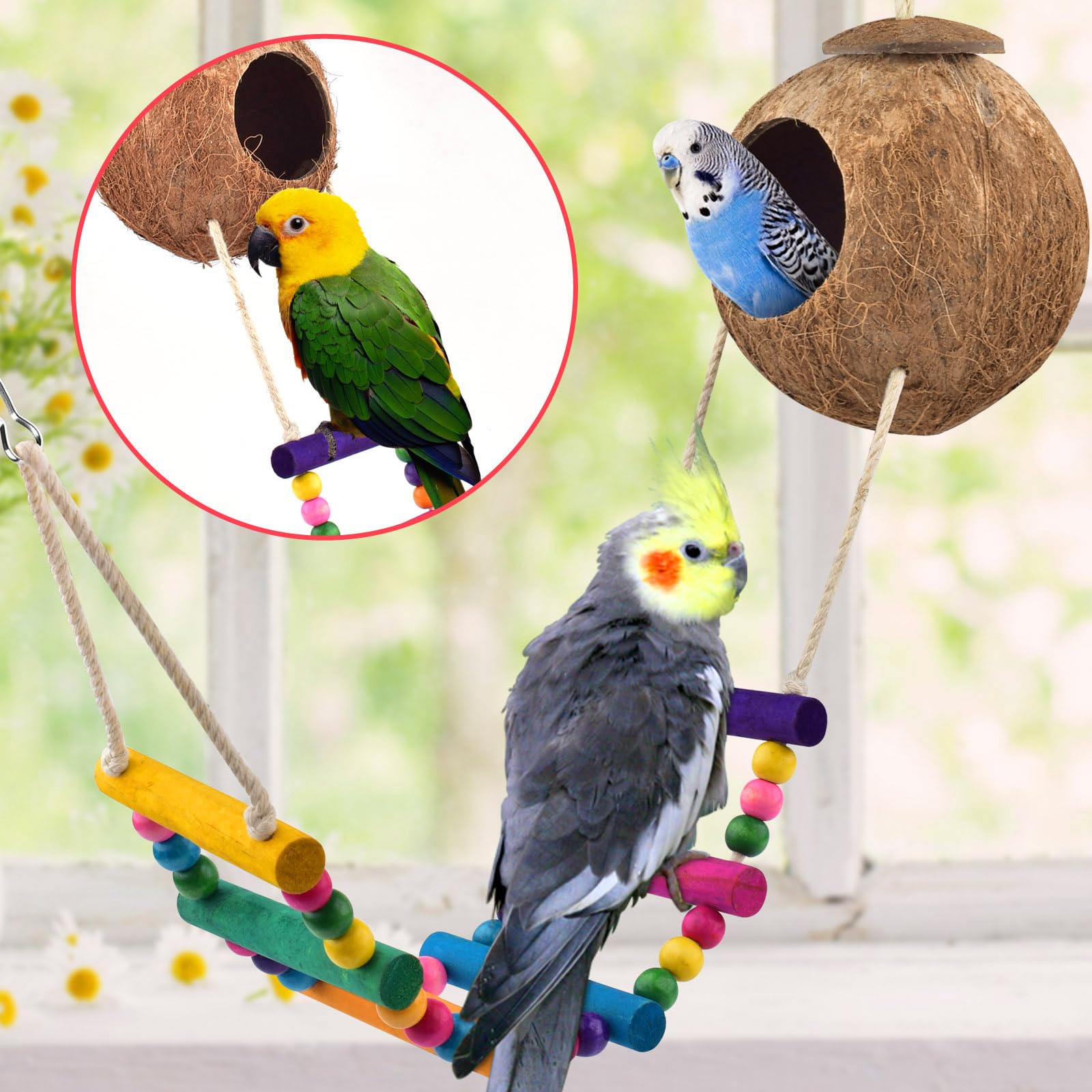 Katumo Bird Toys, Parrot Swing Parakeet Ladder Conure Wood Perch Bird Chew Toys Cockatiel Hanging Bell Toys For Parakeet, Conure